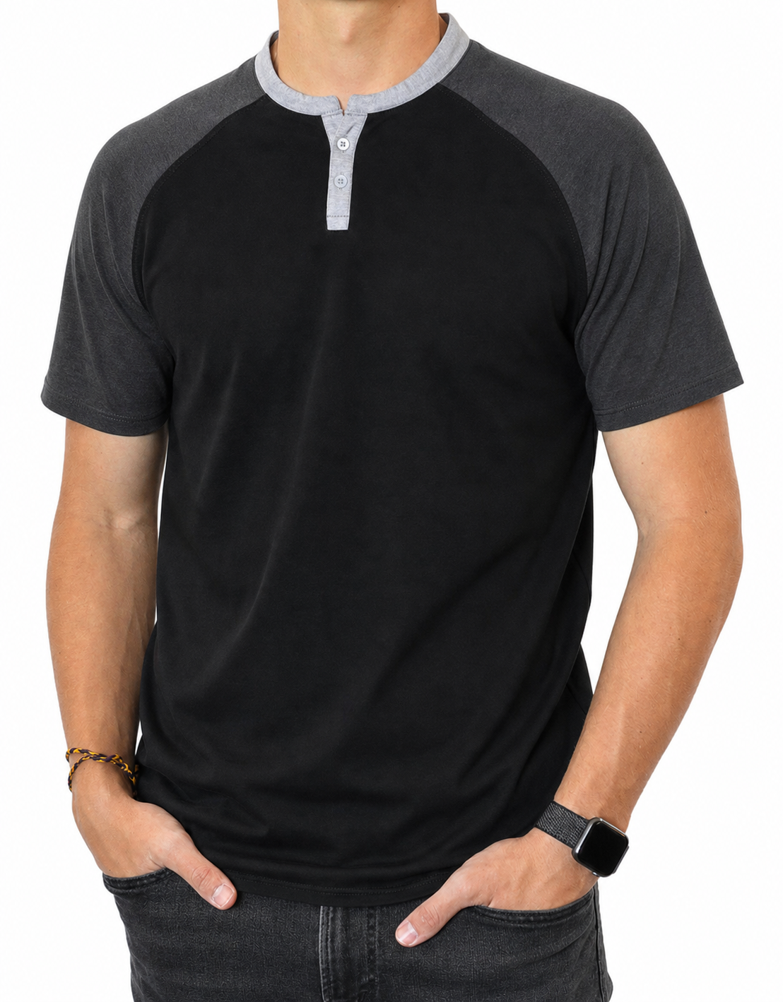 🔥CLEARANCE SALE🔥 Two-Tone Short Sleeve Henley - Black Charcoal