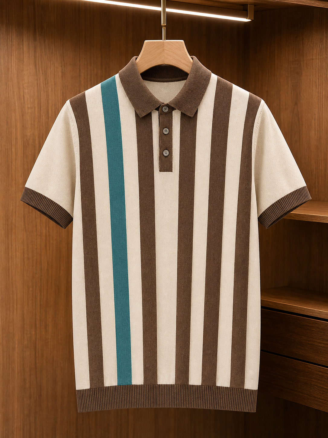 🔥CLEARANCE SALE🔥 Retro Stripe Knit Polo Shirt - Brown Teal