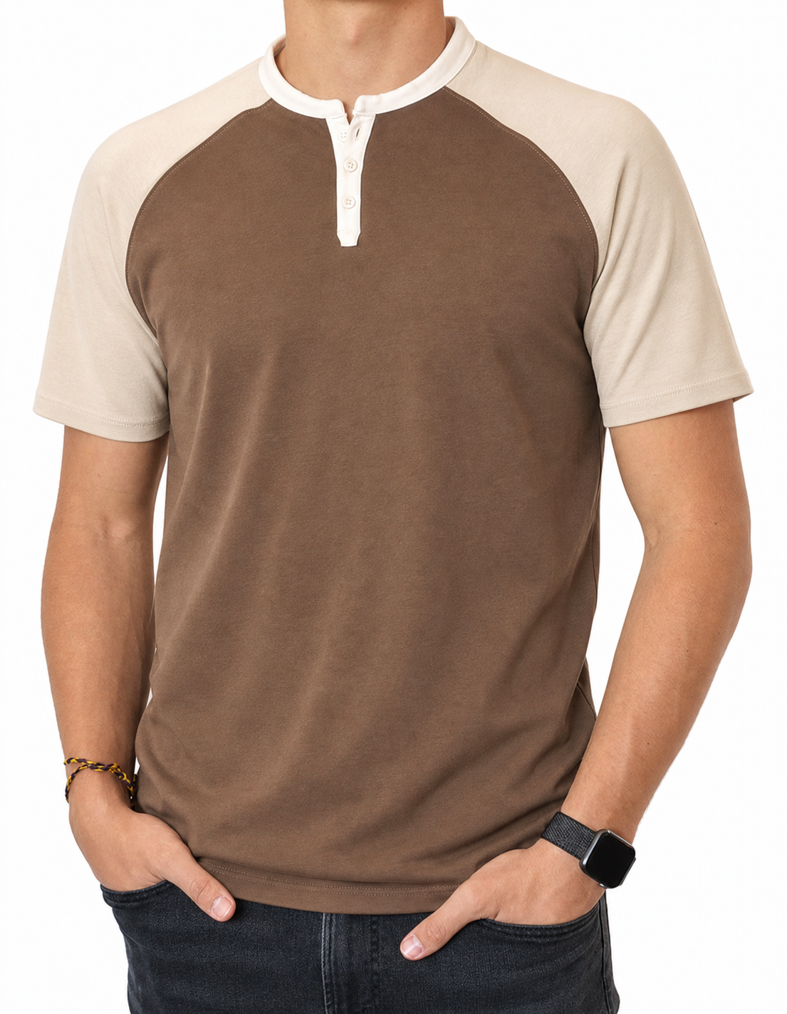 🔥CLEARANCE SALE🔥 Two-Tone Short Sleeve Henley - Brown Cream