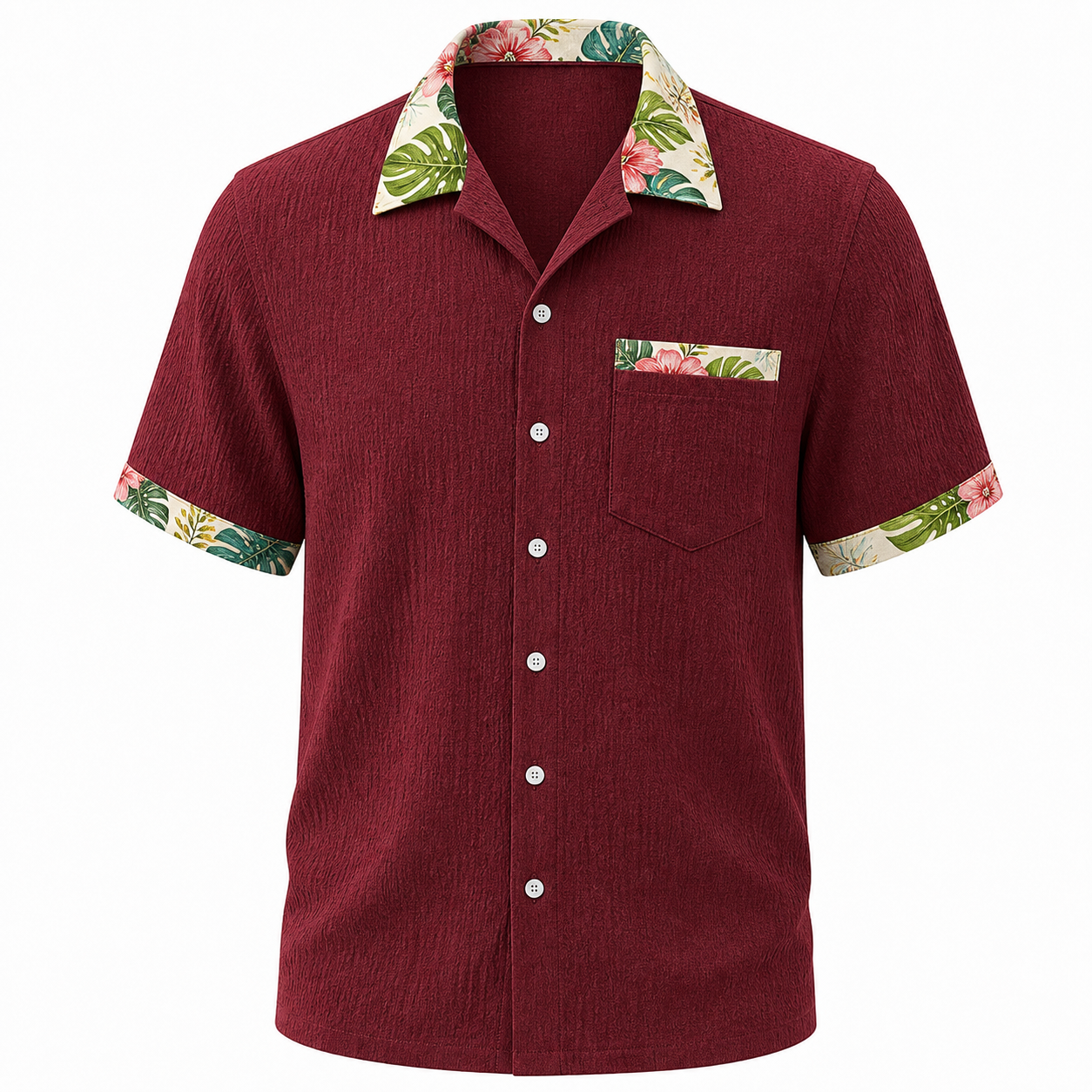 🔥CLEARANCE SALE🔥 Tropical Trim Short Sleeve Shirt - Burgundy