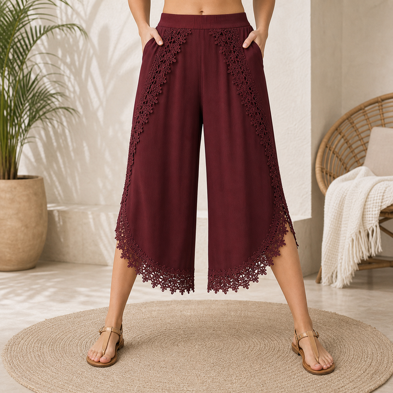 🔥CLEARANCE SALE🔥 Lace-Trim Wide-Leg Capri Pants - Burgundy