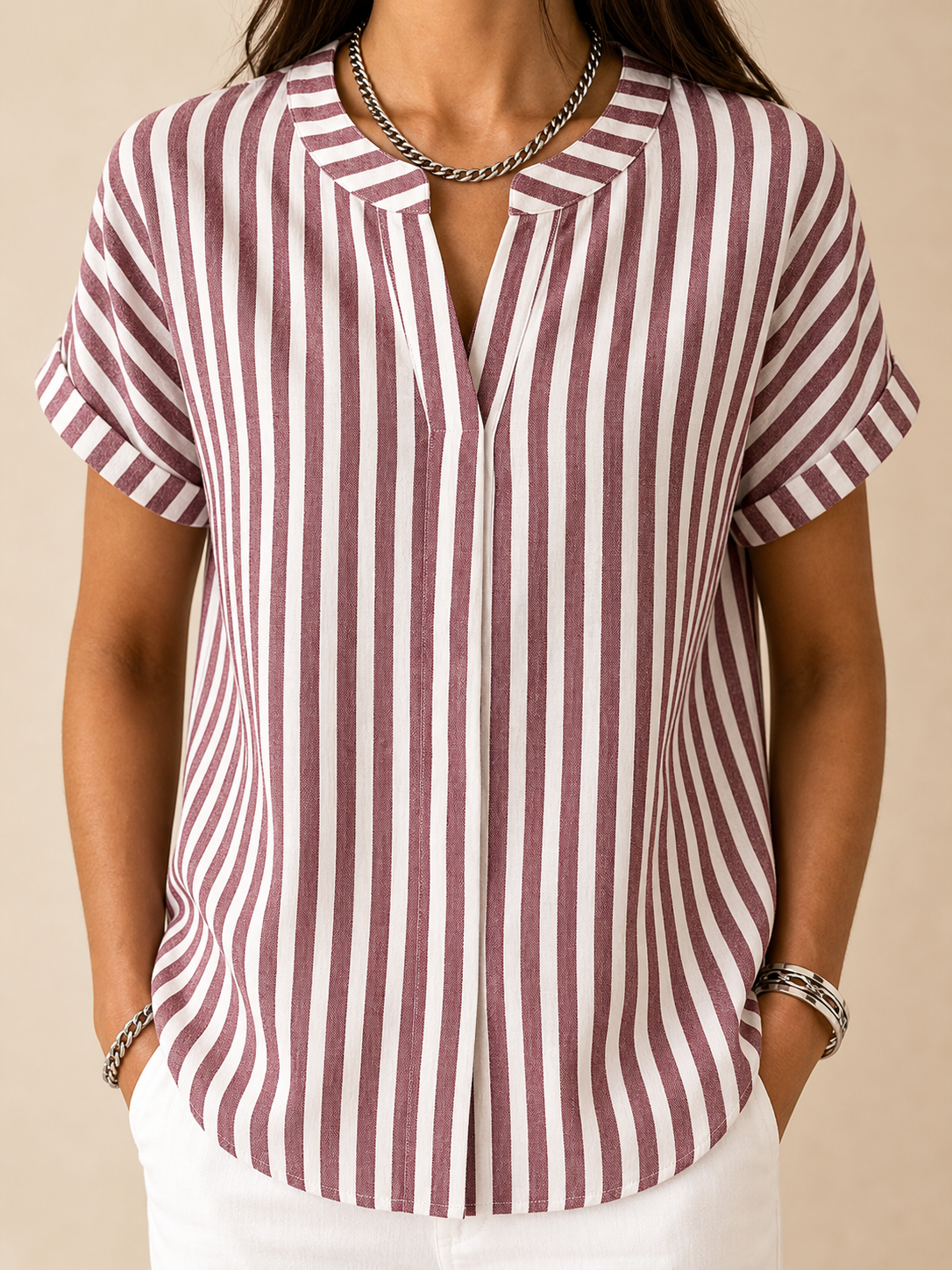 🔥CLEARANCE SALE🔥 Striped V-Neck Short Sleeve Blouse - Burgundy