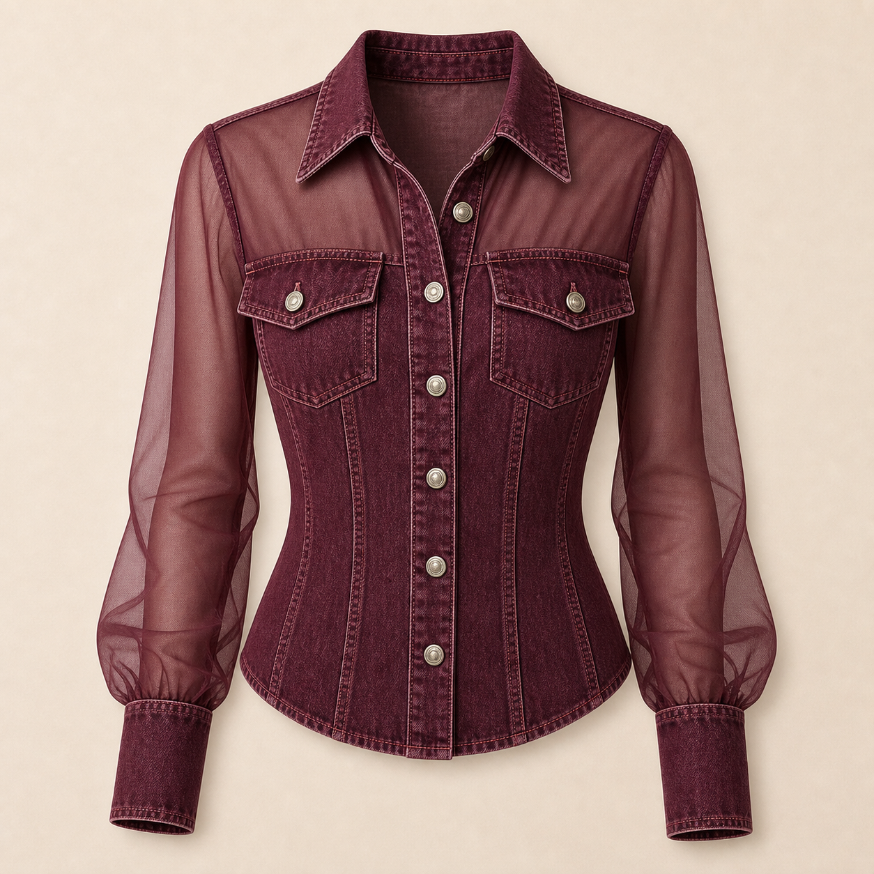 🔥CLEARANCE SALE🔥 Mesh Patchwork Denim Top - Burgundy