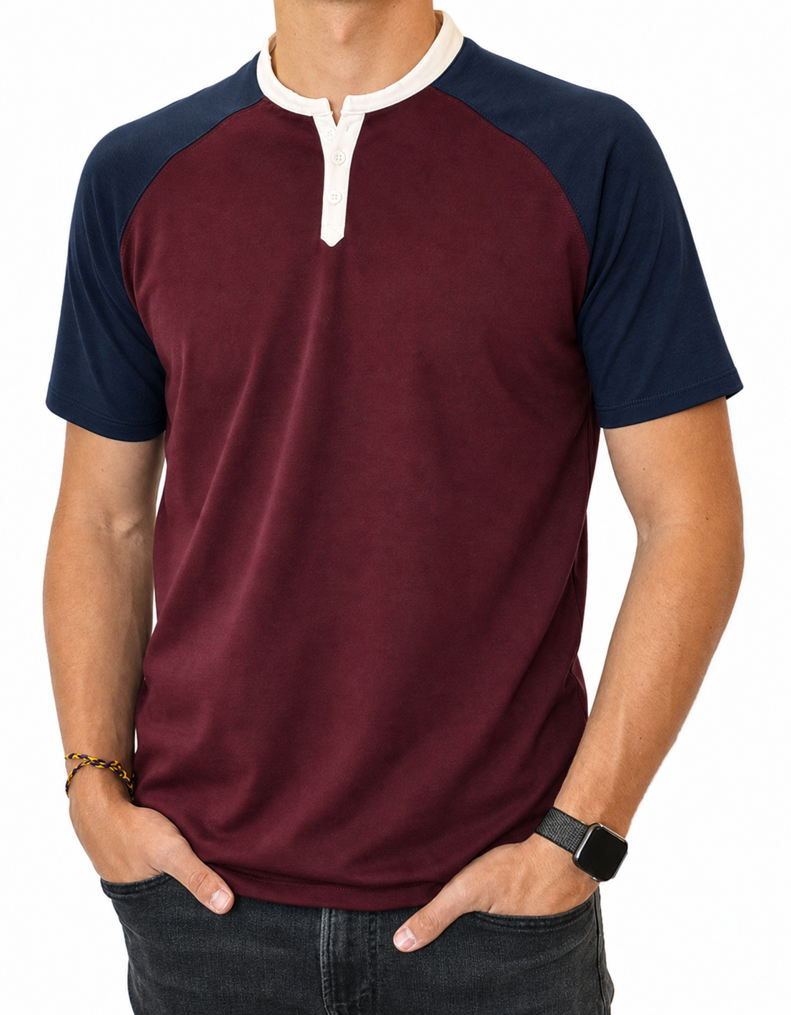 🔥CLEARANCE SALE🔥 Two-Tone Short Sleeve Henley - Burgundy Navy