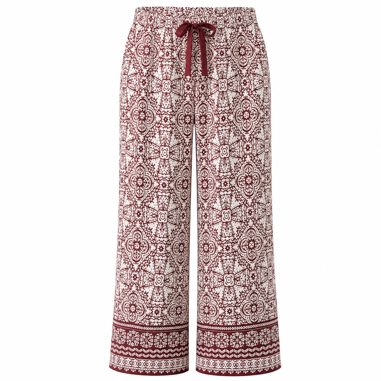 🔥CLEARANCE SALE🔥 Printed Wide-Leg Pull-On Pants - Burgundy Ivory