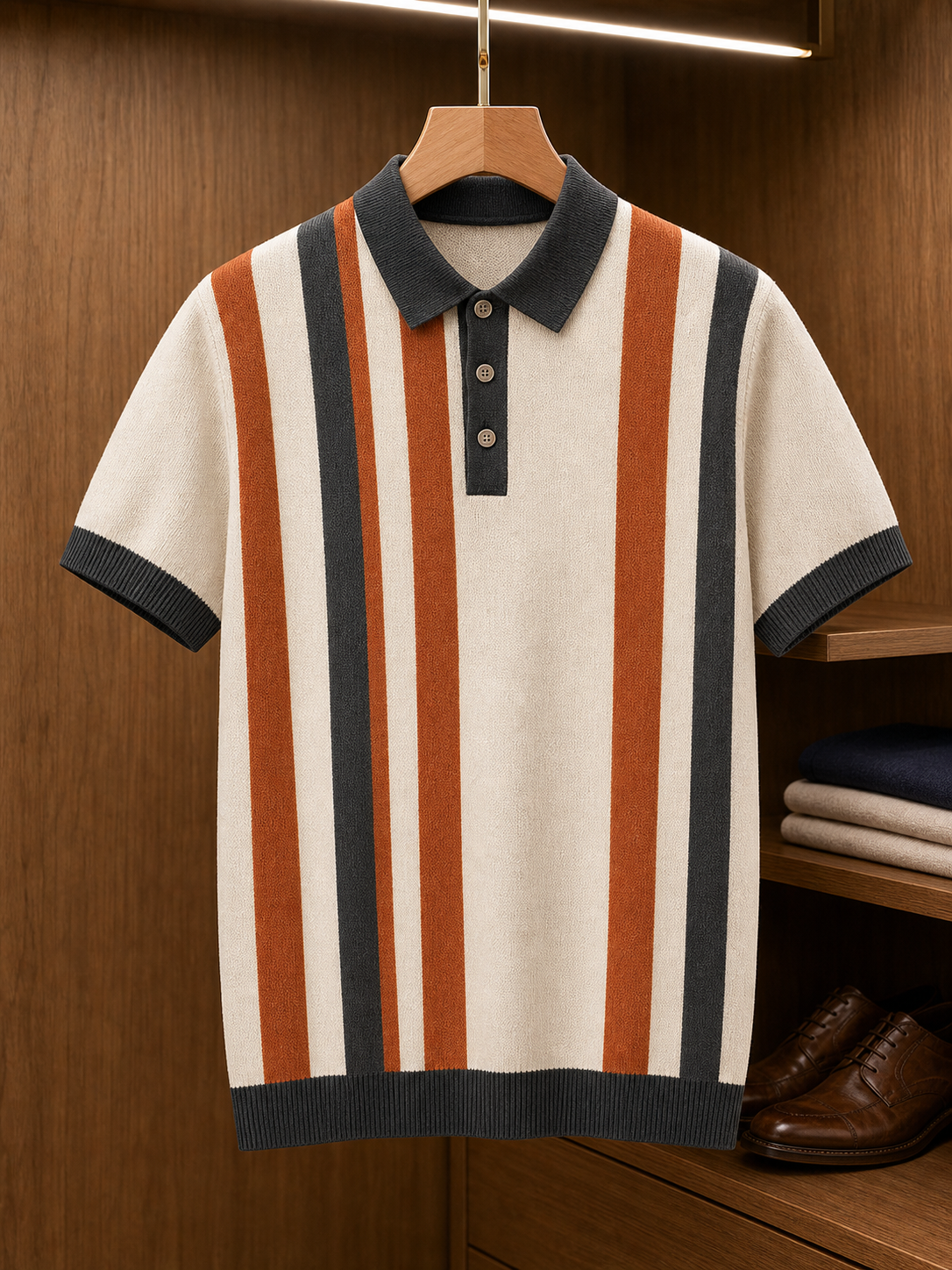 🔥CLEARANCE SALE🔥 Retro Stripe Knit Polo Shirt - Charcoal Rust
