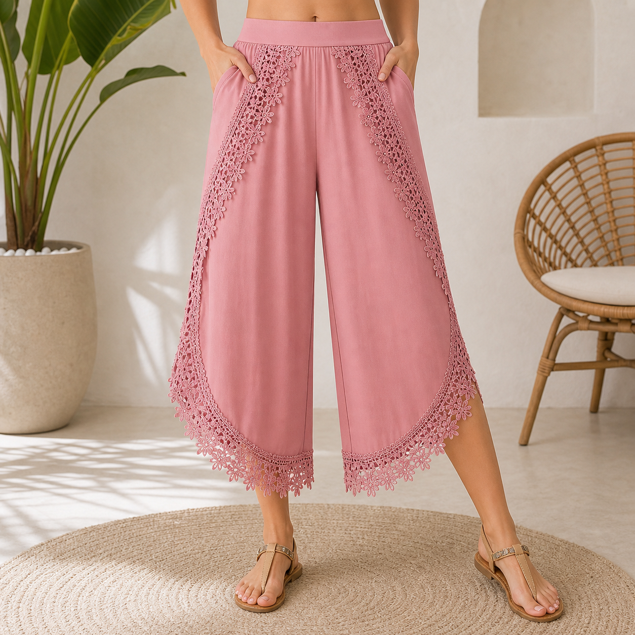 🔥CLEARANCE SALE🔥 Lace-Trim Wide-Leg Capri Pants - Dusty Rose