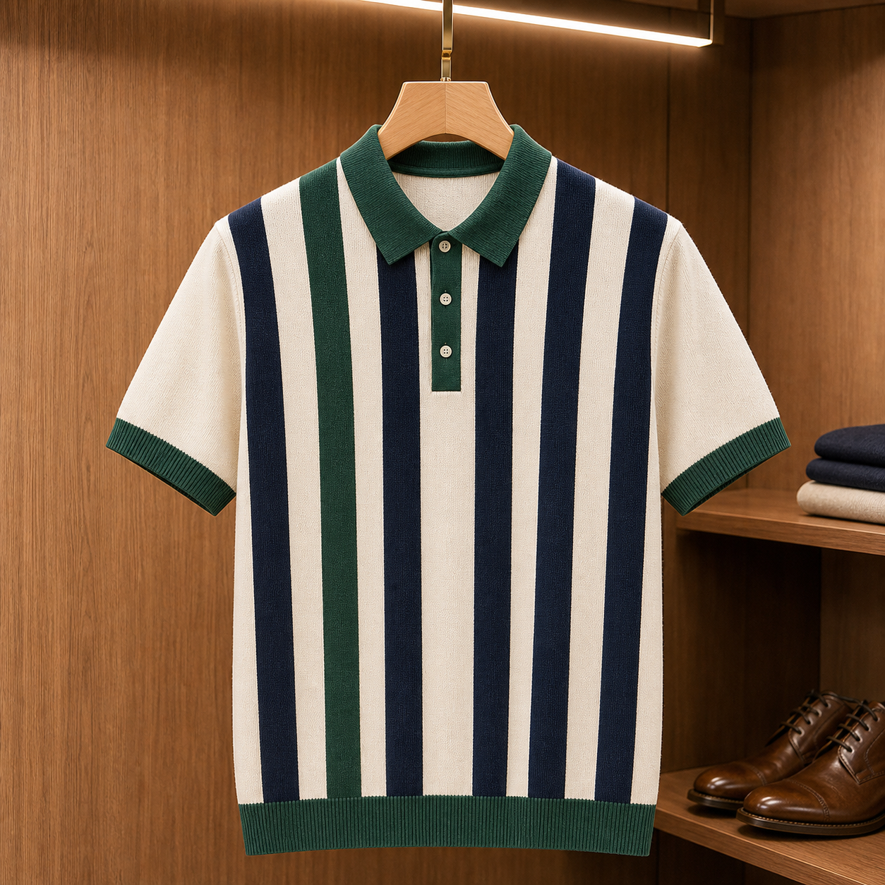 🔥CLEARANCE SALE🔥 Retro Stripe Knit Polo Shirt - Forest Navy