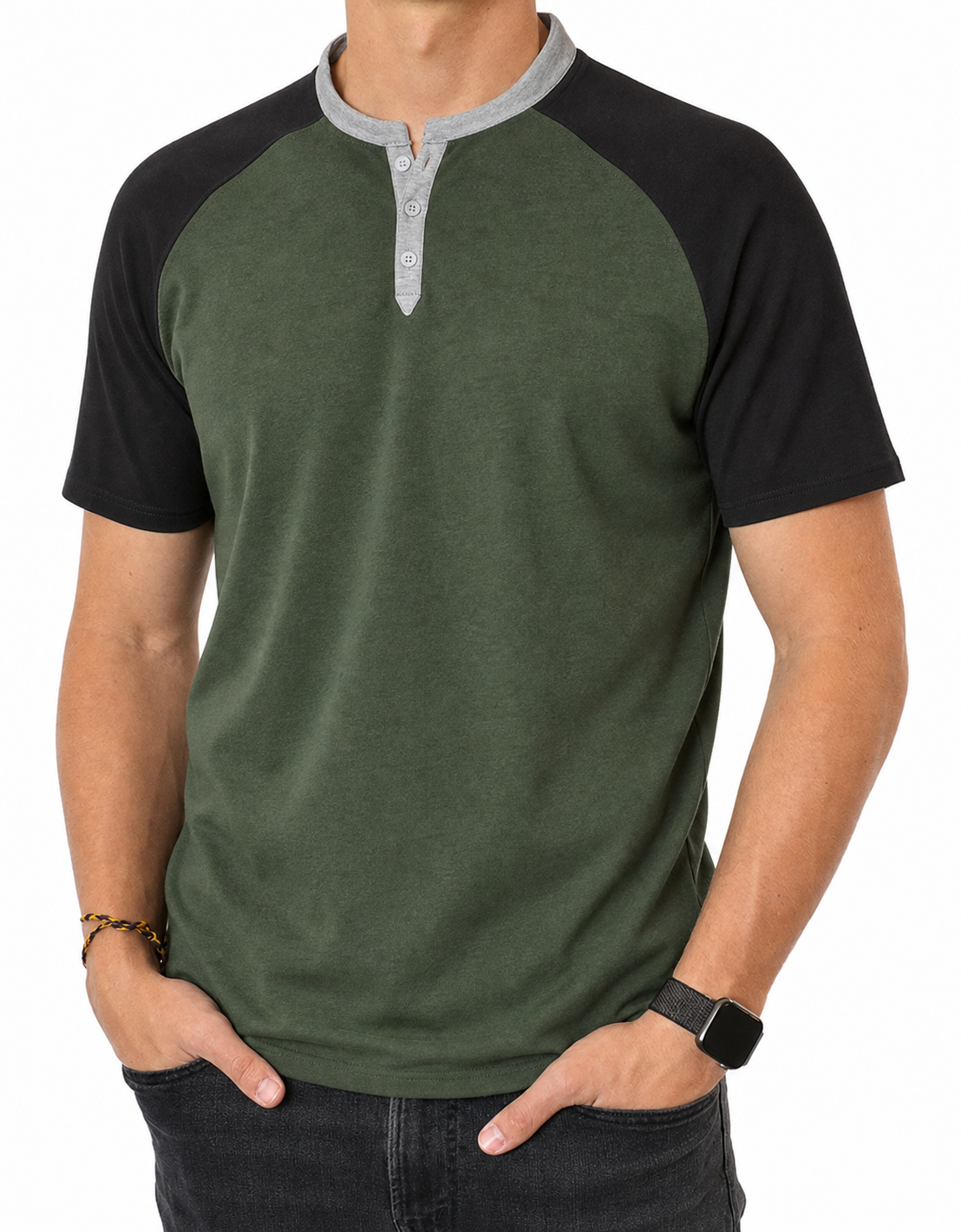 🔥CLEARANCE SALE🔥 Two-Tone Short Sleeve Henley - Forest Black
