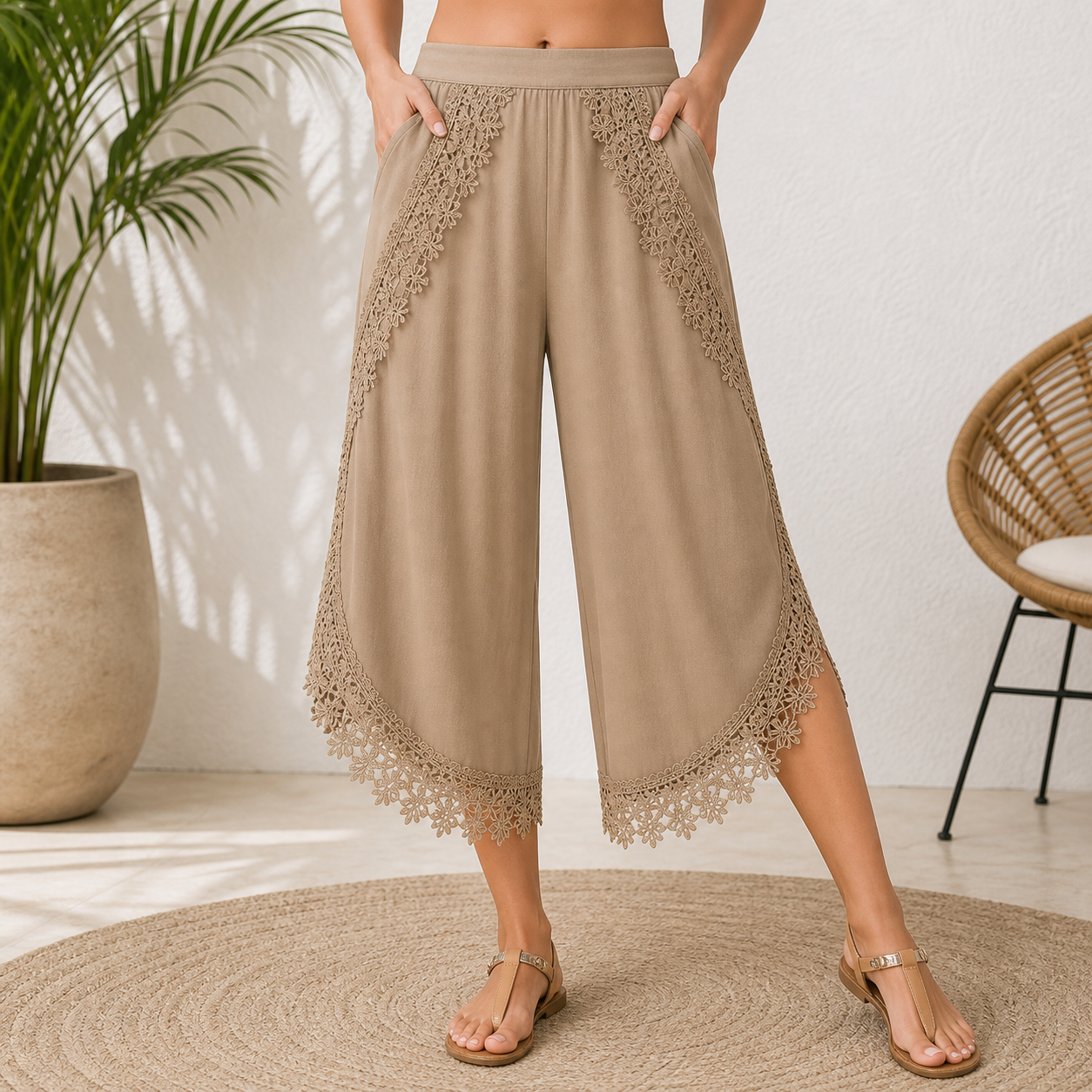 🔥CLEARANCE SALE🔥 Lace-Trim Wide-Leg Capri Pants - Khaki