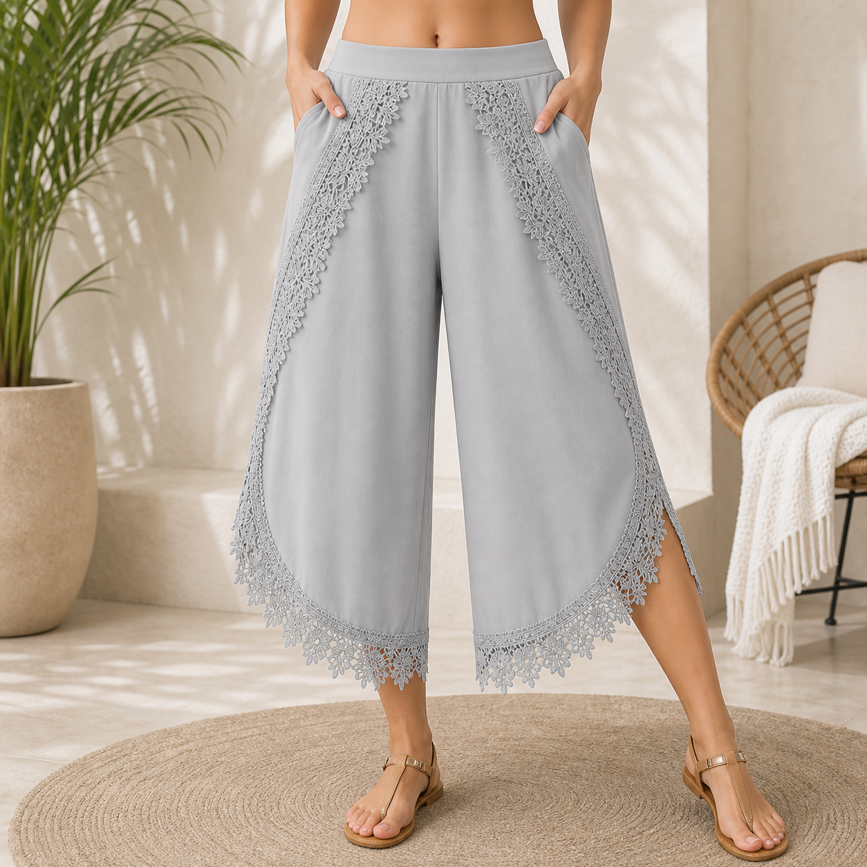 🔥CLEARANCE SALE🔥 Lace-Trim Wide-Leg Capri Pants - Light Gray