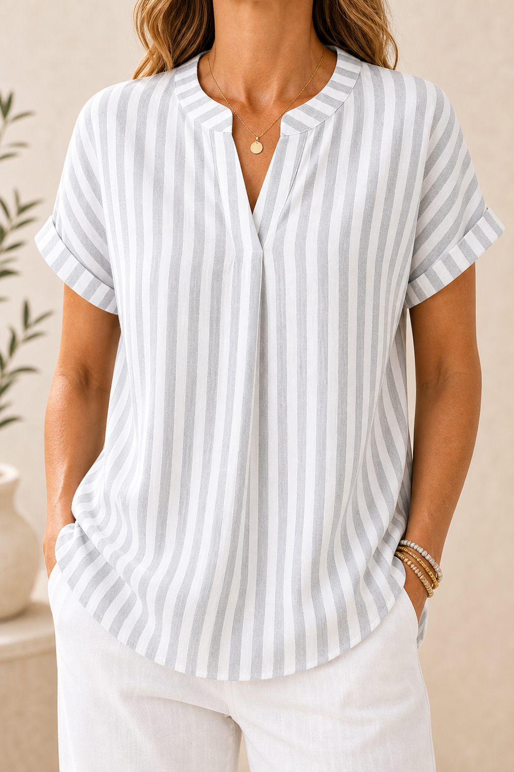 🔥CLEARANCE SALE🔥 Striped V-Neck Short Sleeve Blouse - Light Gray