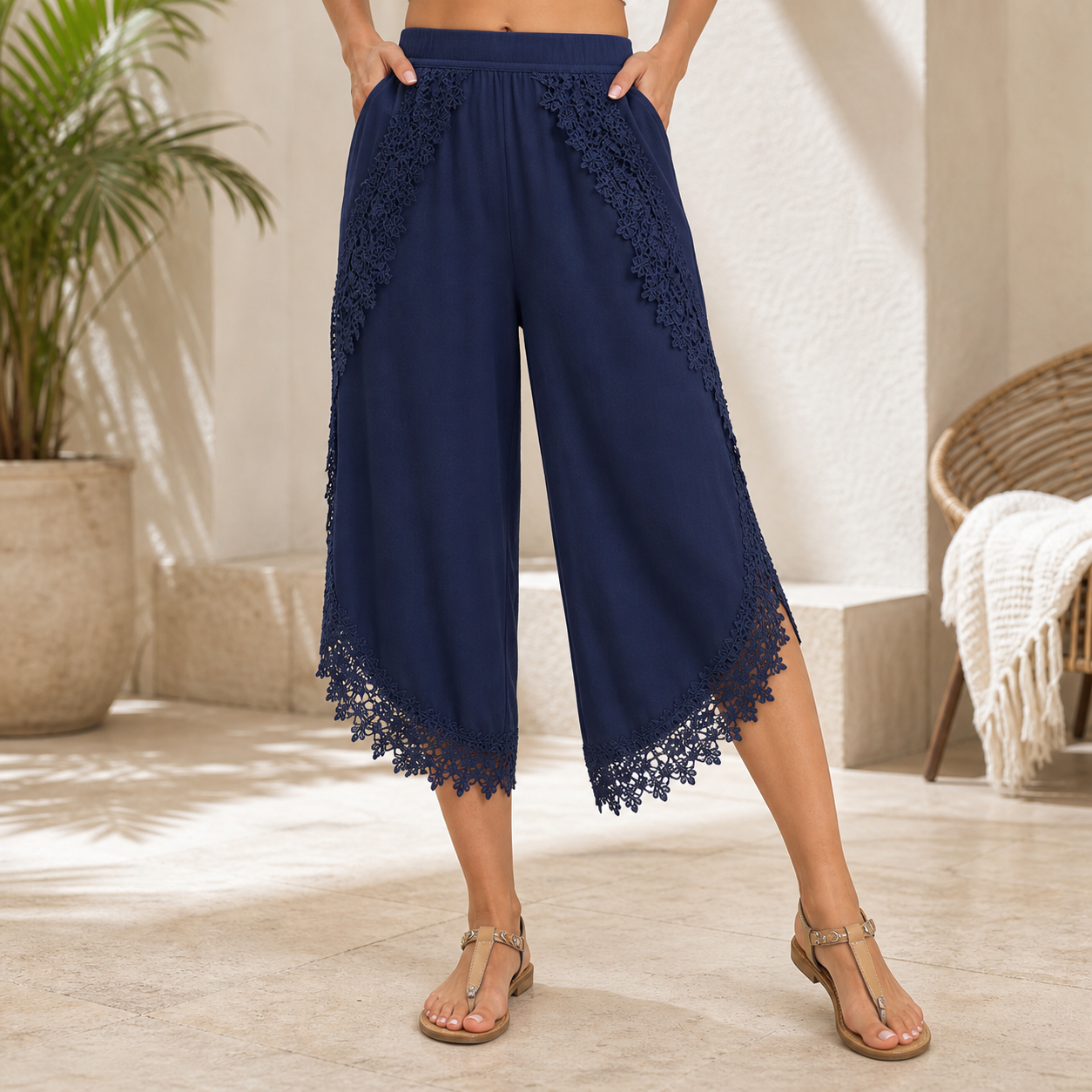 🔥CLEARANCE SALE🔥 Lace-Trim Wide-Leg Capri Pants