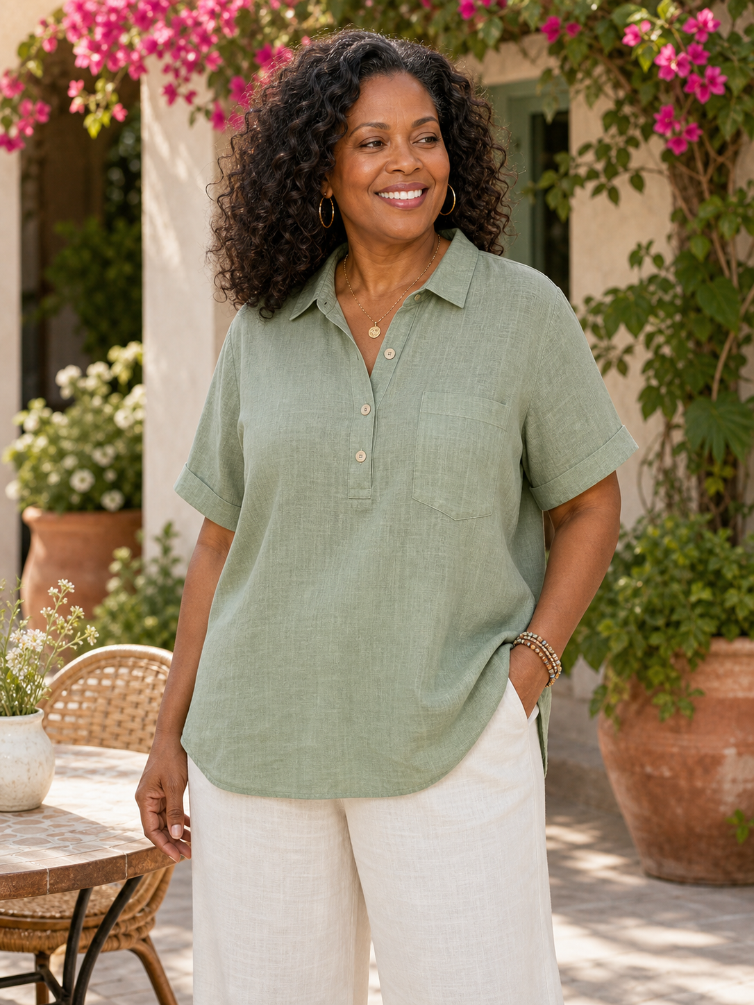 🔥CLEARANCE SALE🔥 Relaxed Linen-Blend Henley Shirt - Plus Model