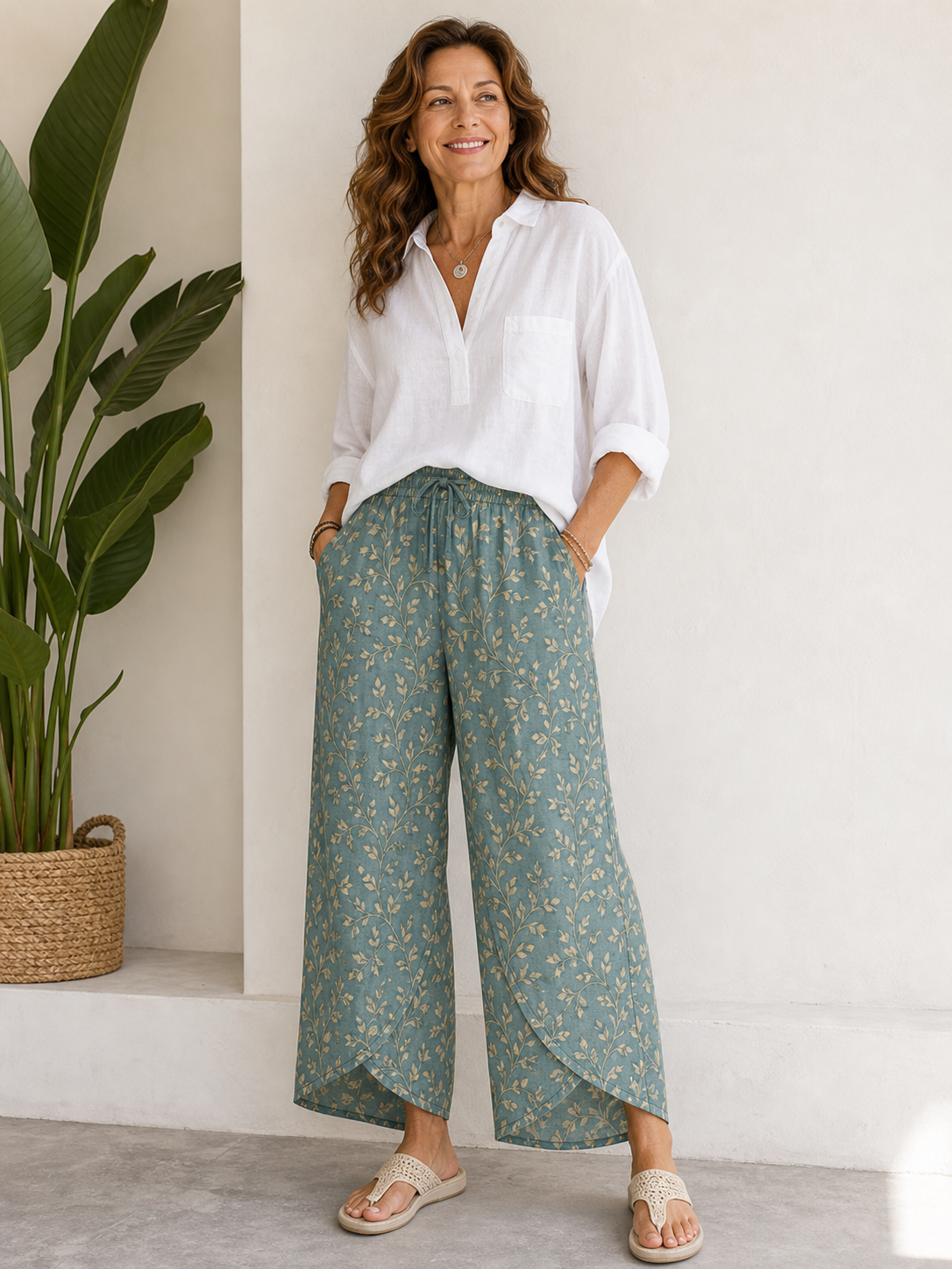 🔥CLEARANCE SALE🔥 Botanical Wrap-Hem Pull-On Pants - Teal Model
