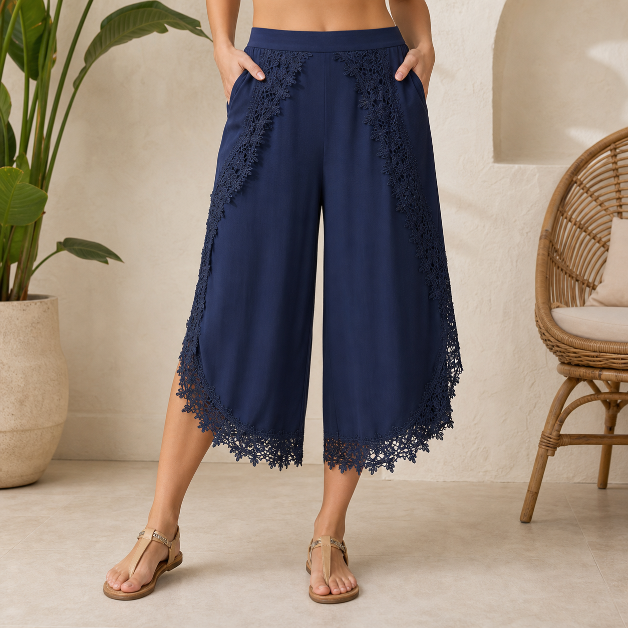 🔥CLEARANCE SALE🔥 Lace-Trim Wide-Leg Capri Pants - Navy - 1 PC ONLY $24.99
