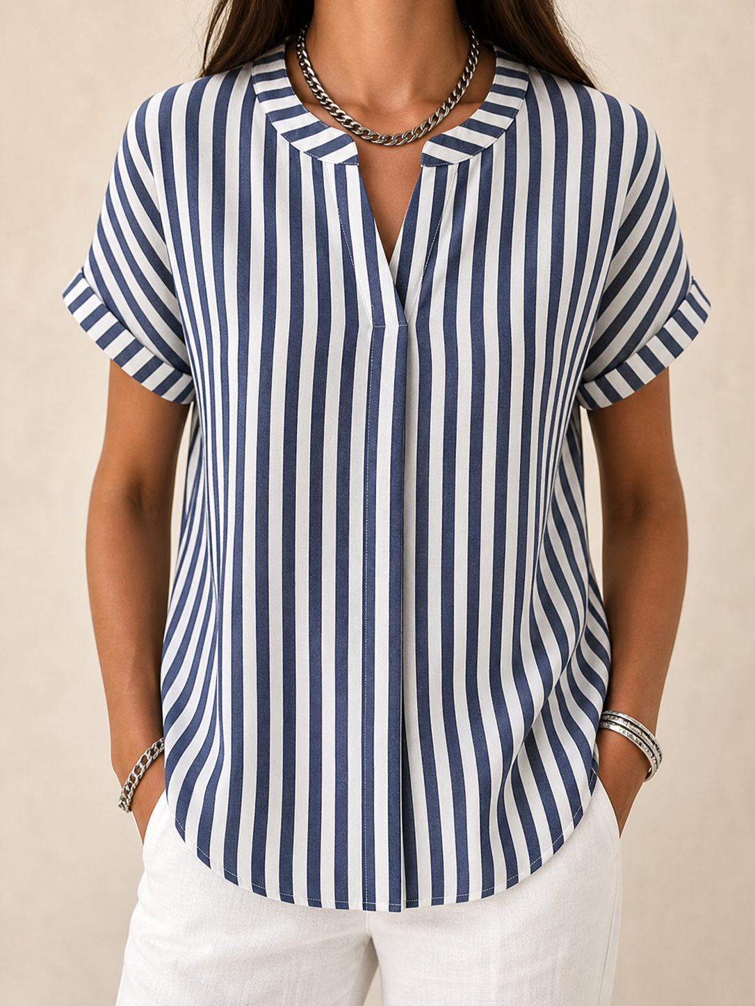 🔥CLEARANCE SALE🔥 Striped V-Neck Short Sleeve Blouse - Navy