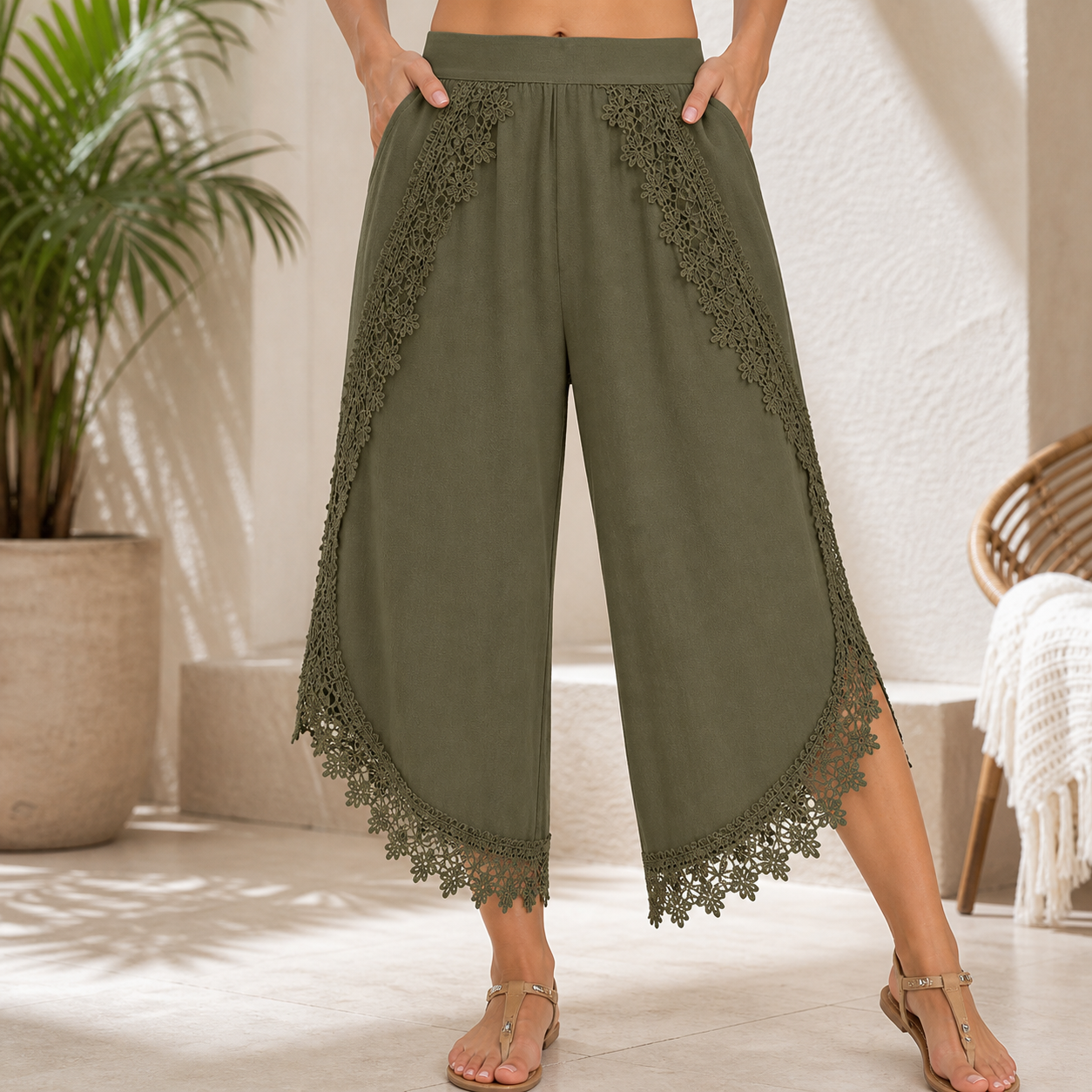 🔥CLEARANCE SALE🔥 Lace-Trim Wide-Leg Capri Pants - Olive