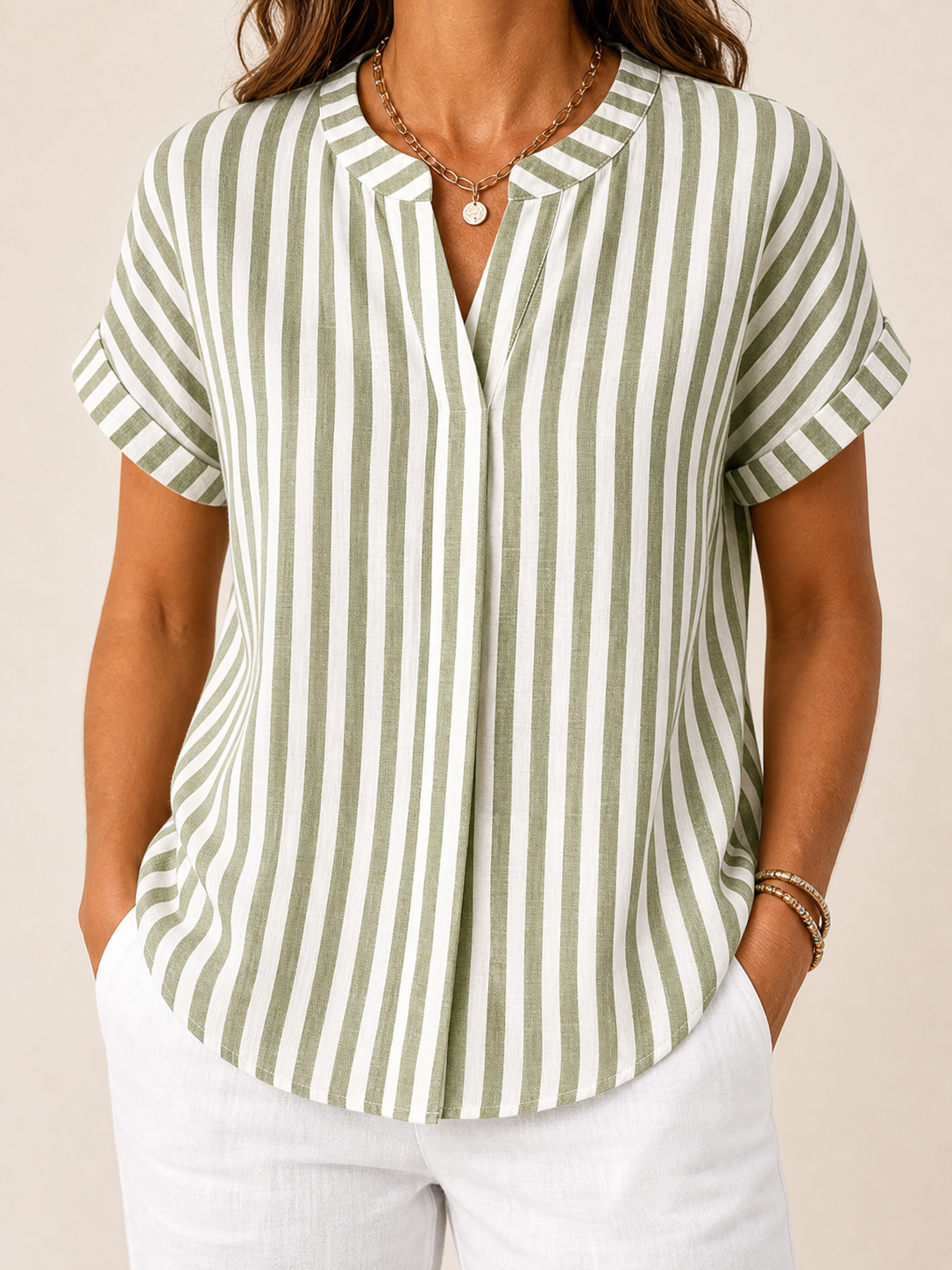🔥CLEARANCE SALE🔥 Striped V-Neck Short Sleeve Blouse - Olive
