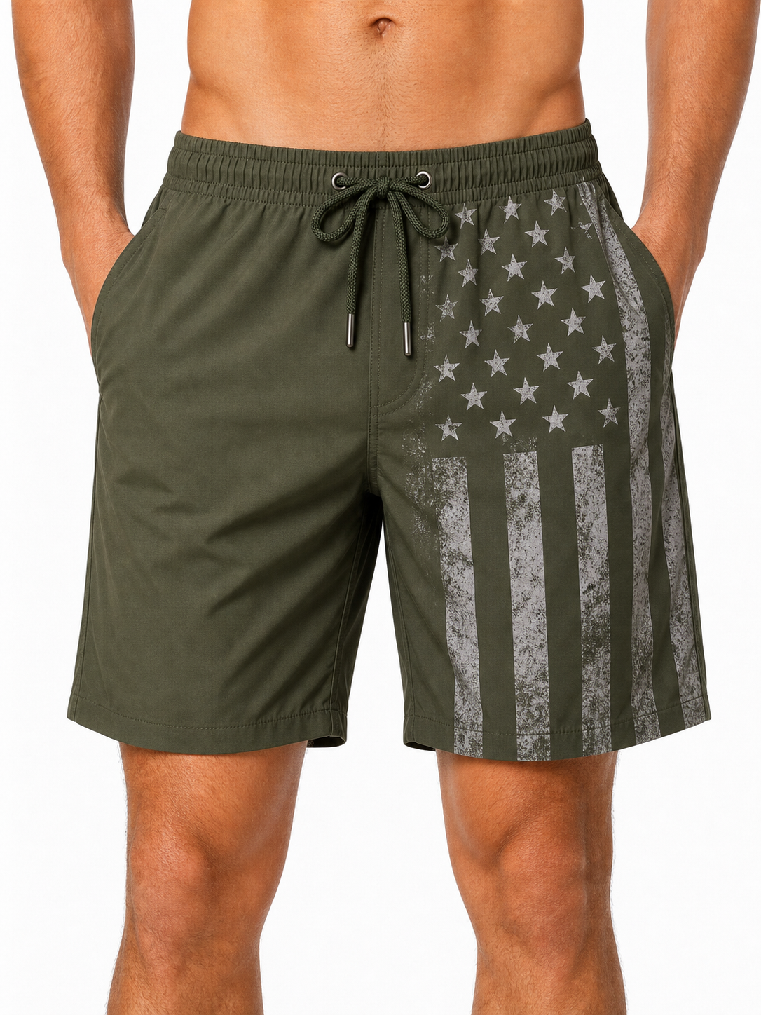 🔥CLEARANCE SALE🔥 Patriotic Flag Swim Trunks - Olive Flag