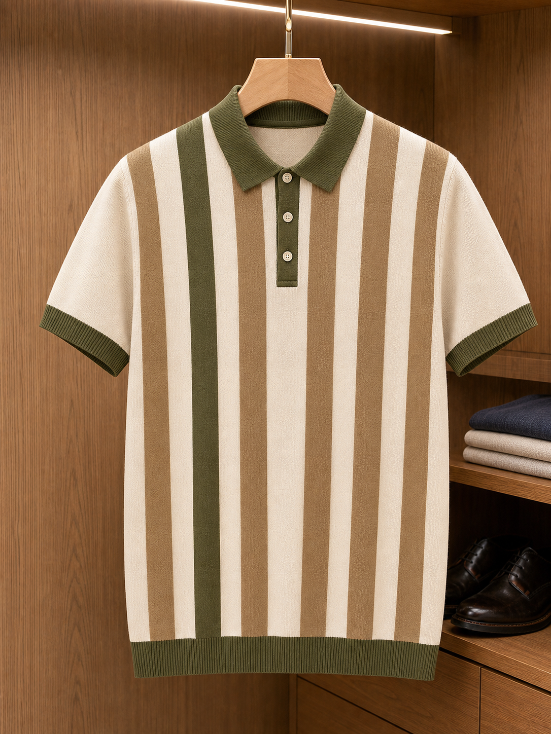 🔥CLEARANCE SALE🔥 Retro Stripe Knit Polo Shirt - Olive Tan