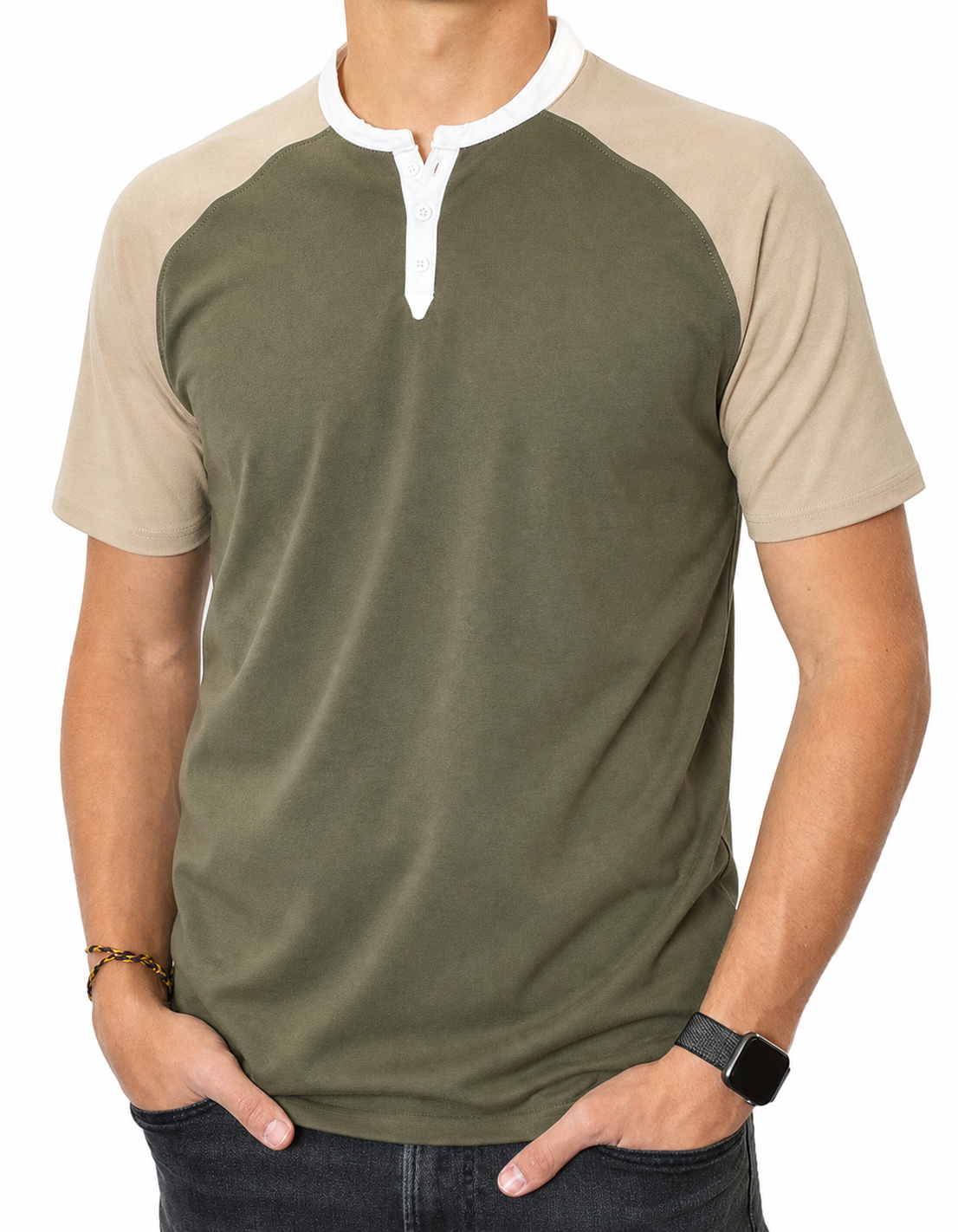 🔥CLEARANCE SALE🔥 Two-Tone Short Sleeve Henley - Olive Khaki