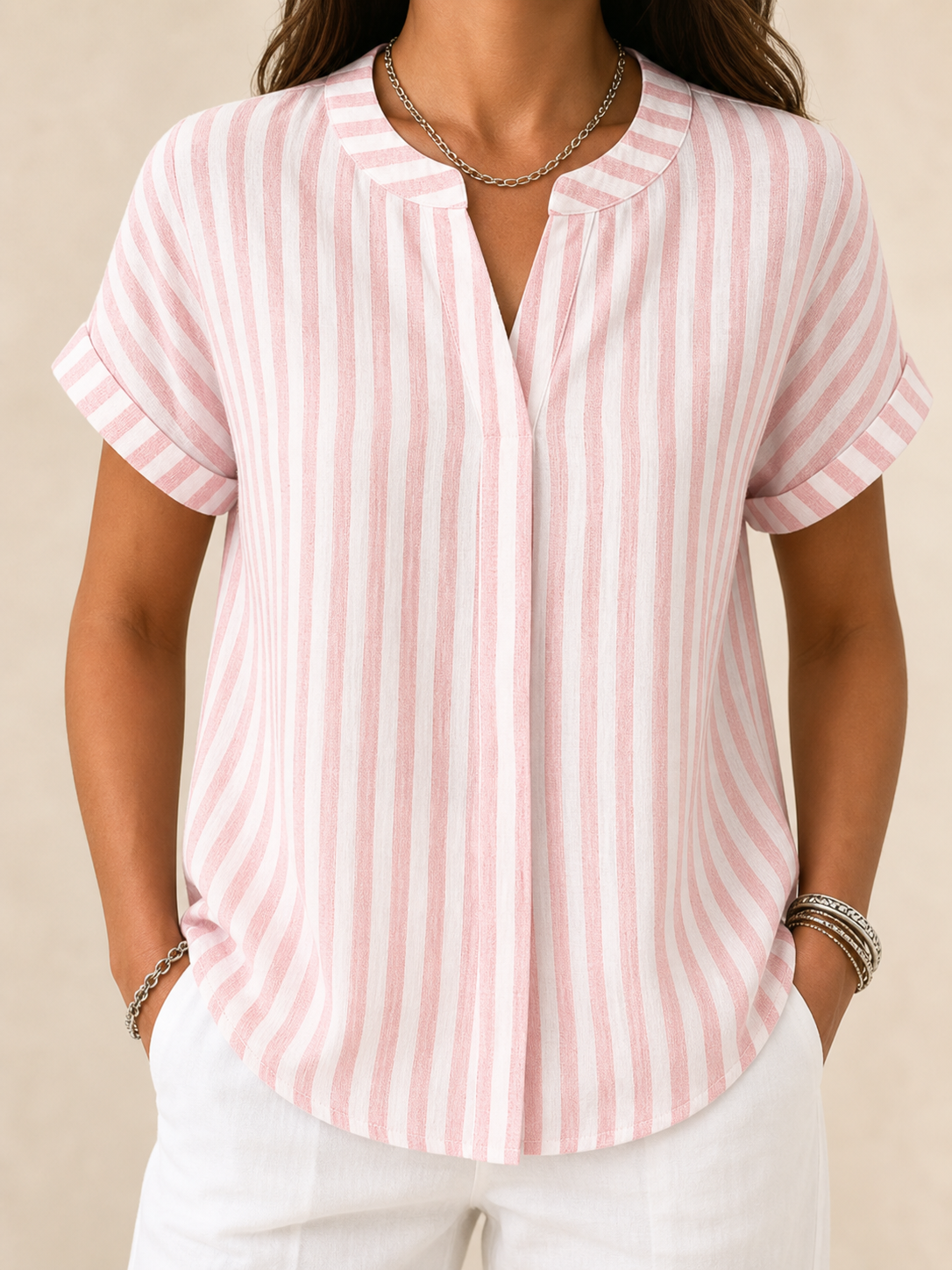 🔥CLEARANCE SALE🔥 Striped V-Neck Short Sleeve Blouse - Pink