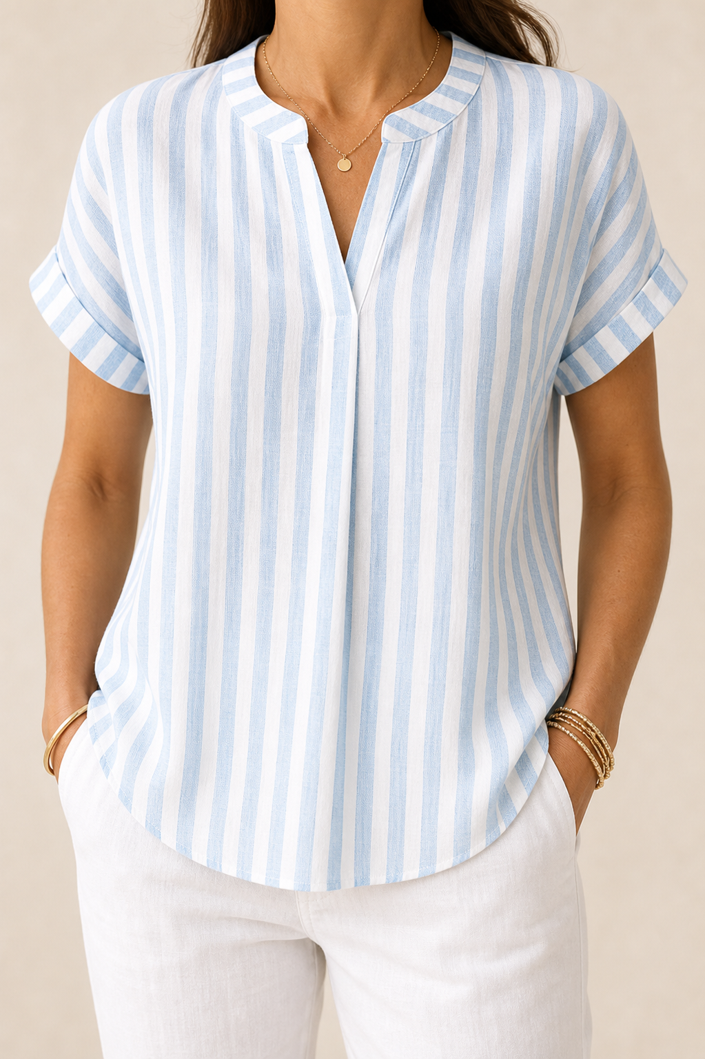 🔥CLEARANCE SALE🔥 Striped V-Neck Short Sleeve Blouse - Sky Blue