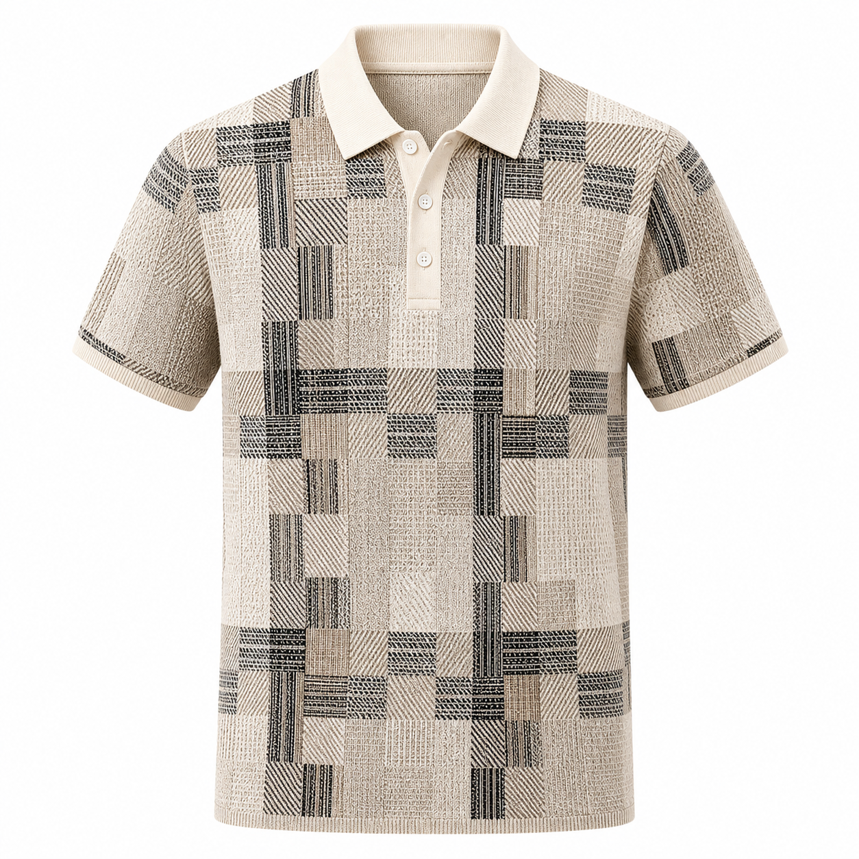🔥CLEARANCE SALE🔥 Geometric Jacquard Knit Polo Shirt - Taupe Ivory