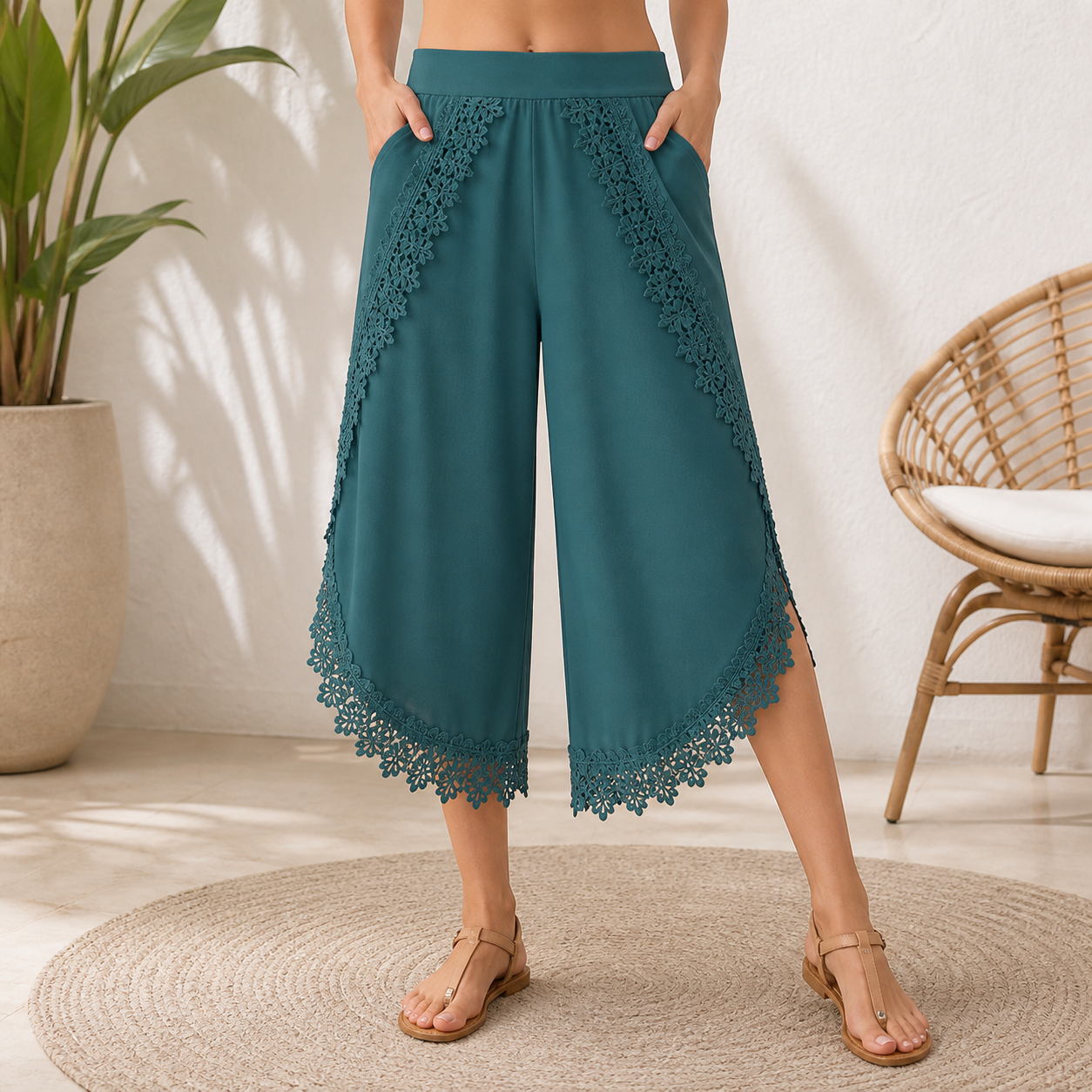 🔥CLEARANCE SALE🔥 Lace-Trim Wide-Leg Capri Pants - Teal