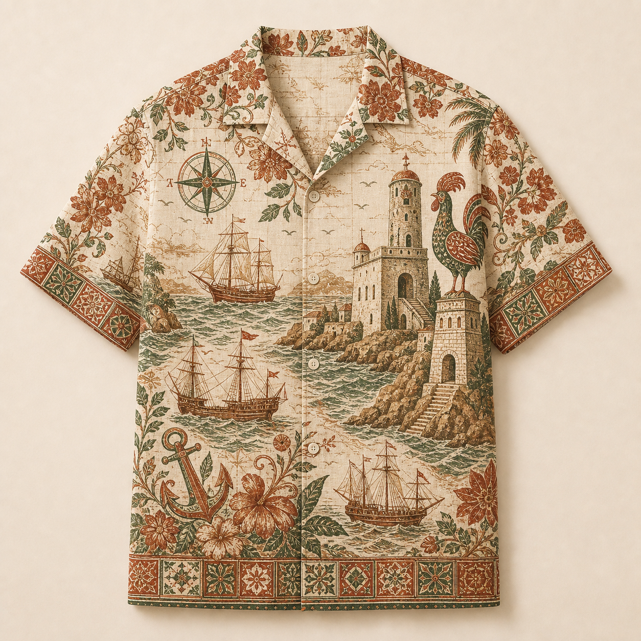 🔥CLEARANCE SALE🔥 Vintage Maritime Hawaiian Shirt - Terracotta Coast