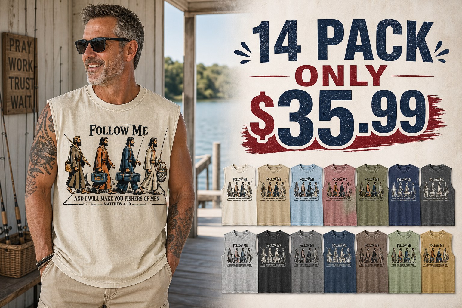 Men's Follow Me Fishers of Men sleeveless tee - hero 14pack promo