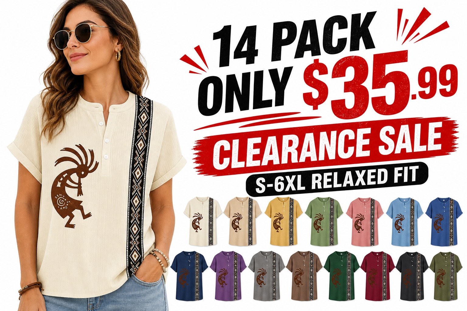 Women's Southwest Kokopelli henley top - hero 14pack promo