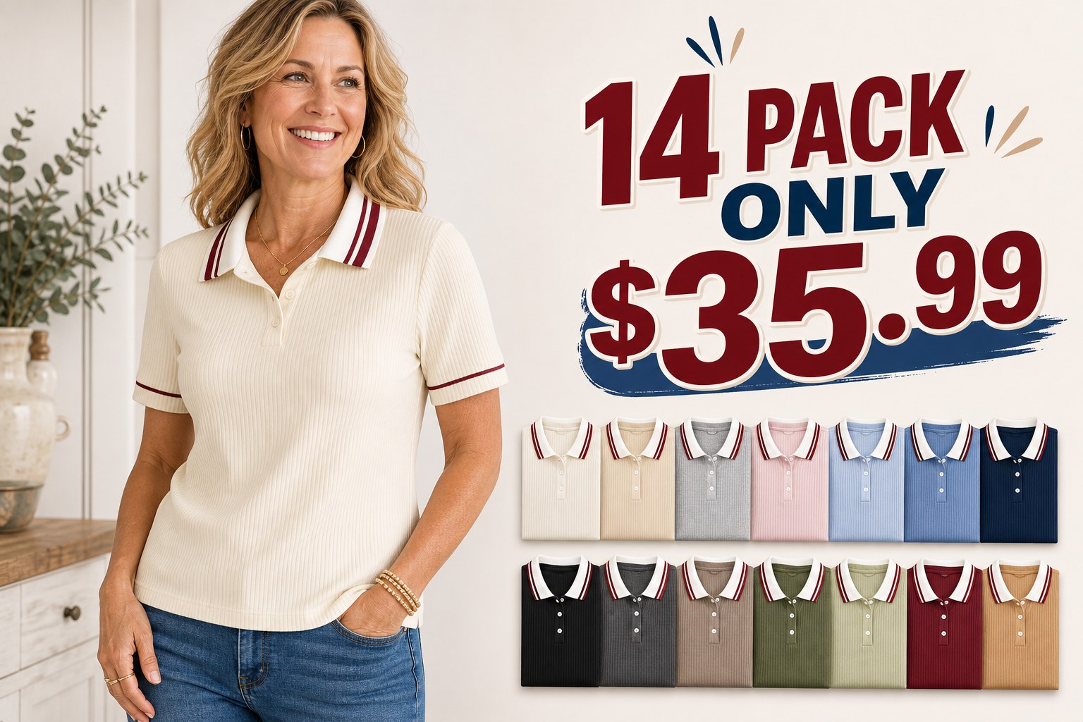 Women's ribbed contrast collar polo tee - hero 14pack promo