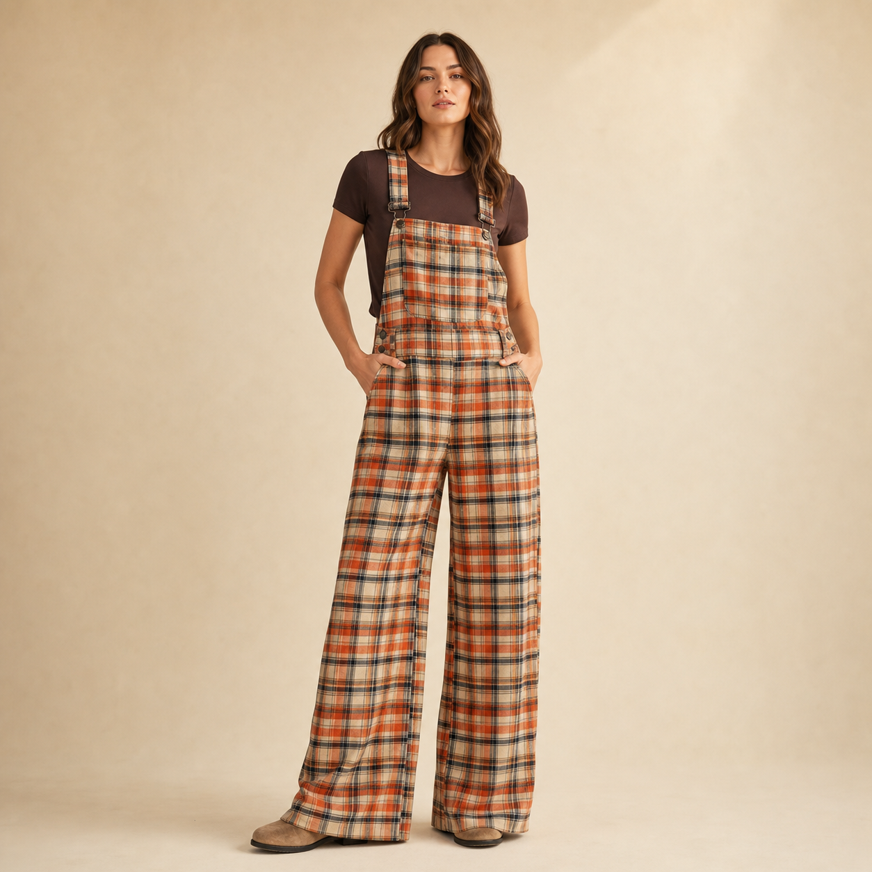 Women's plaid wide-leg overall jumpsuit model