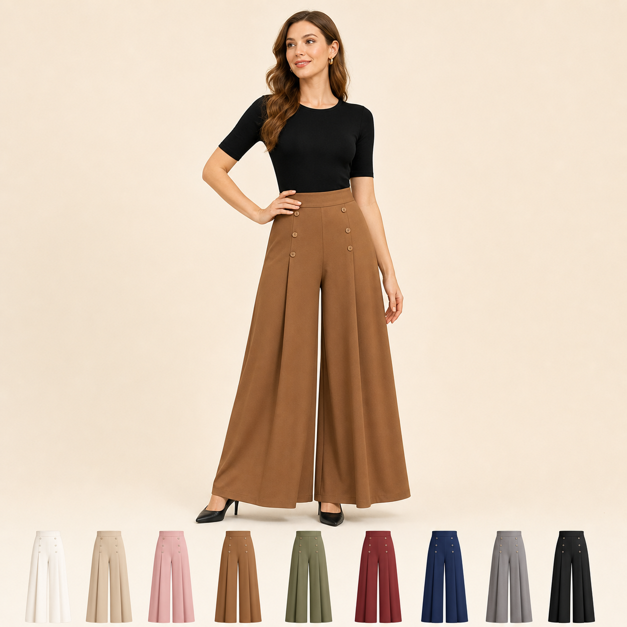 Women's high waist wide leg palazzo pants model