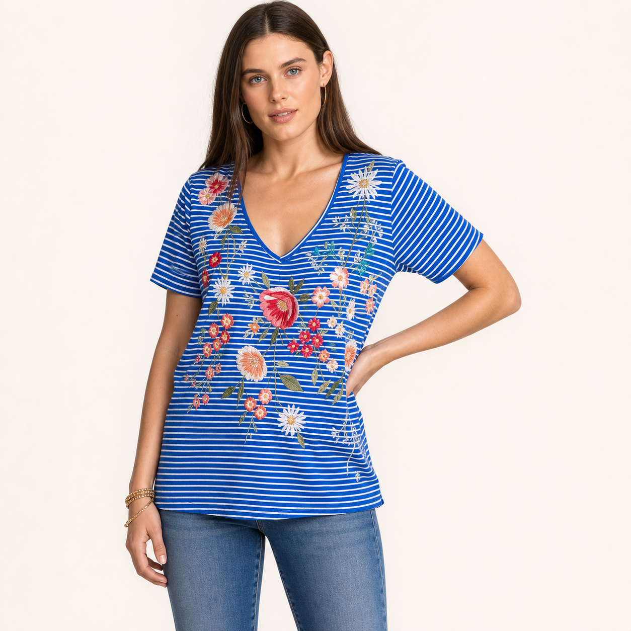 Women's striped floral embroidered V-neck top model