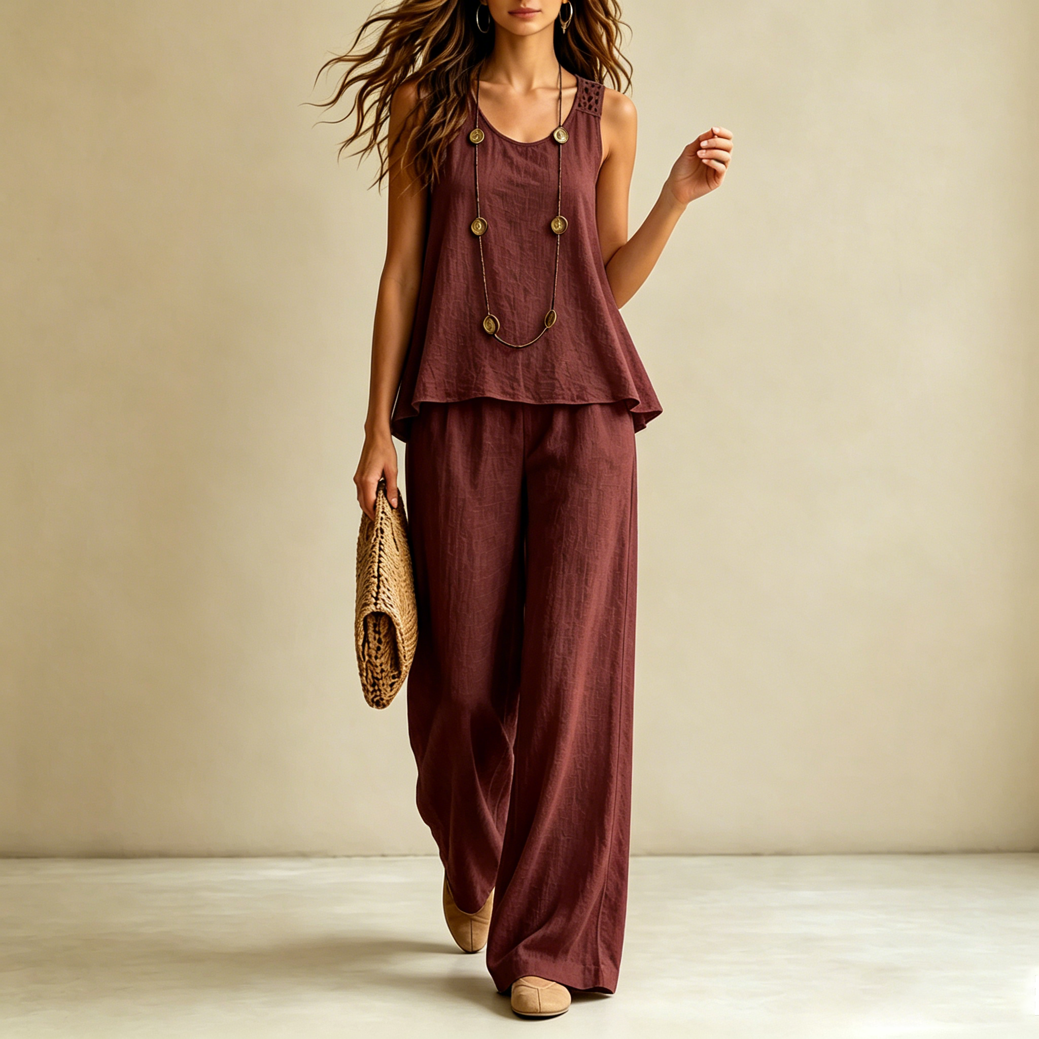 Vacation Solid Color Backless Floral Vest And Trousers Two-piece Set