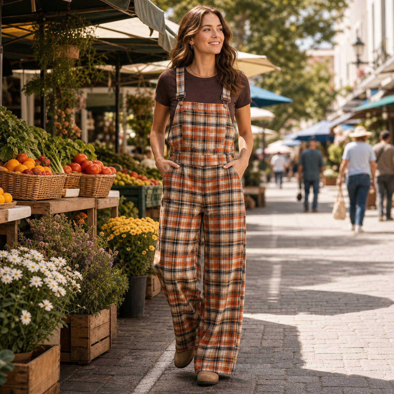 Women's plaid overall jumpsuit lifestyle scene