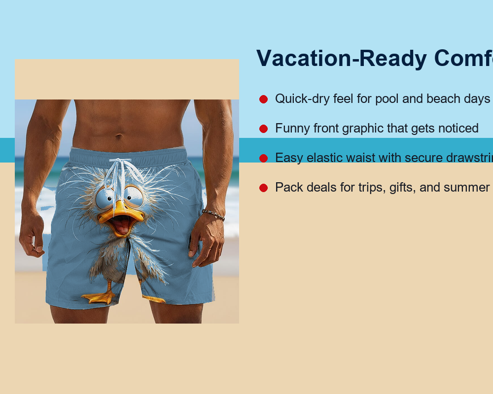 Men's novelty bird print beach shorts beach lifestyle scene