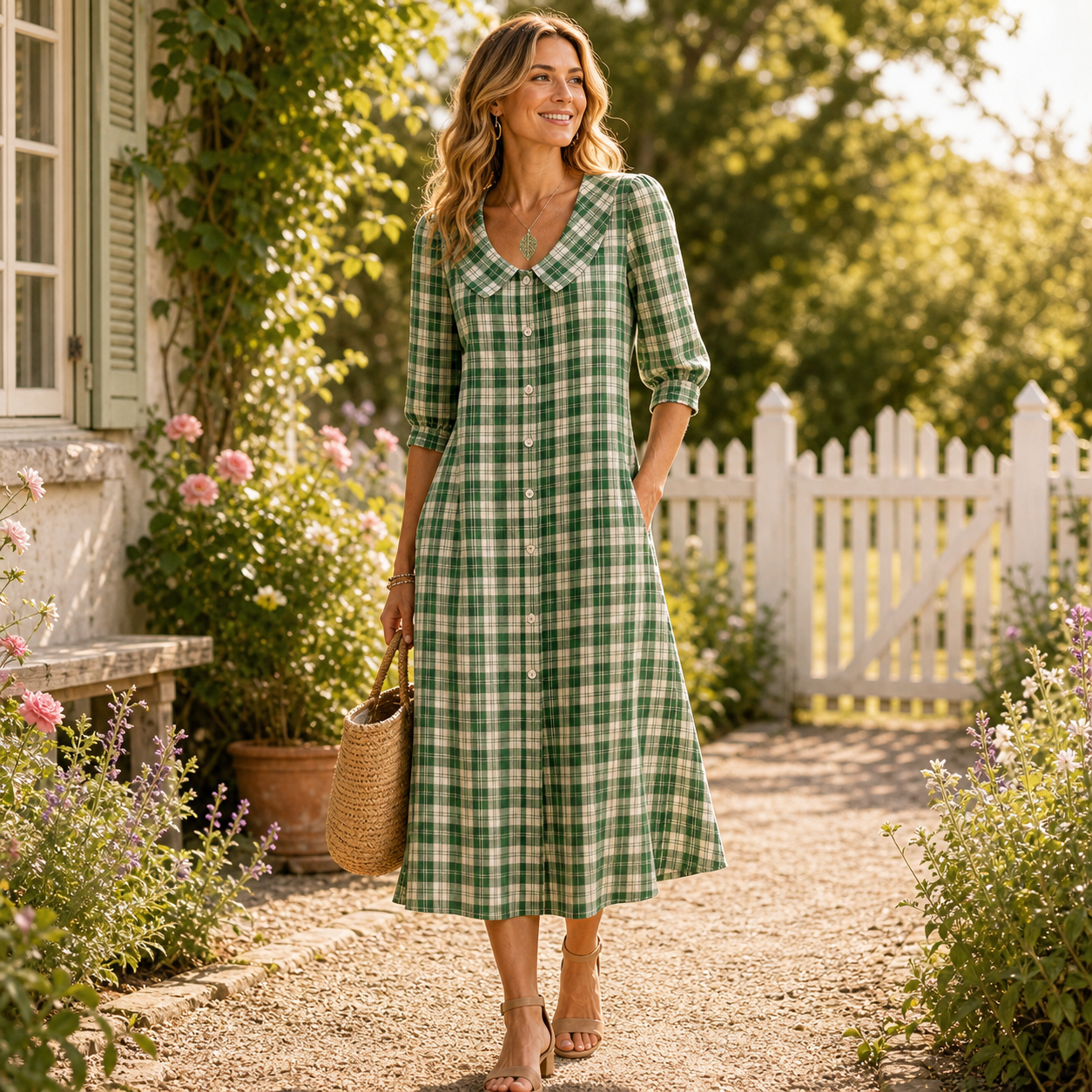 Women's plaid button-front midi dress lifestyle scene