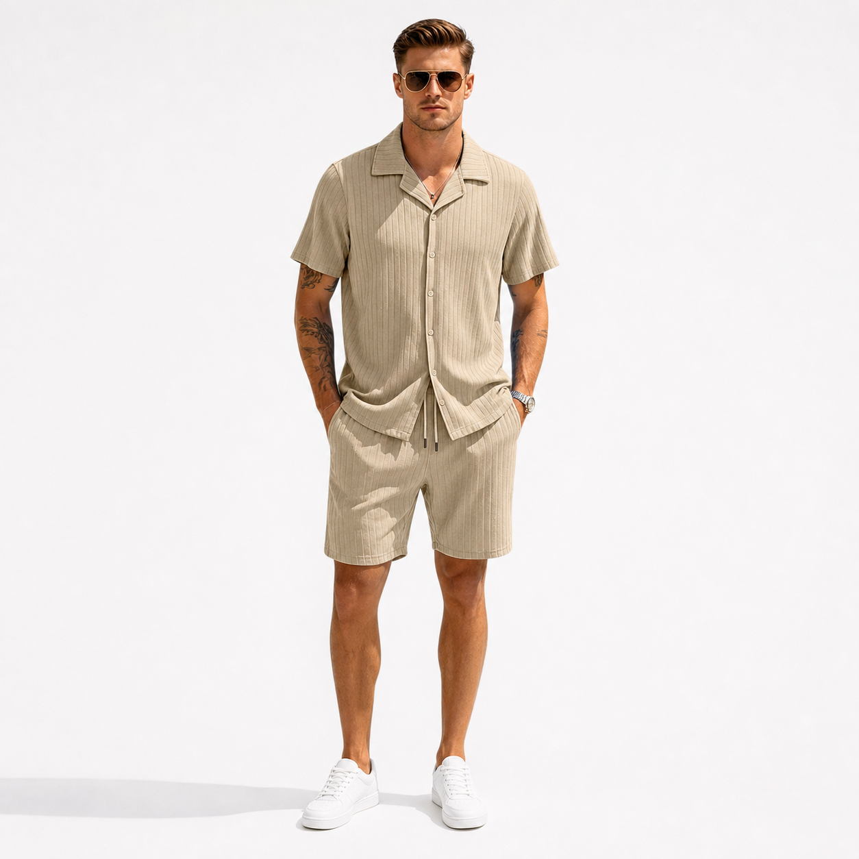Beige men's ribbed shirt and shorts set