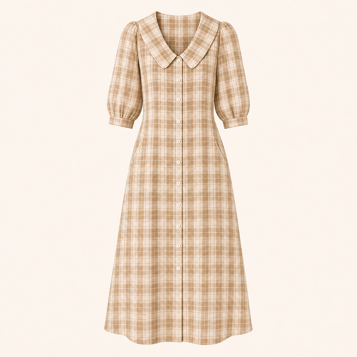 Beige Plaid women's plaid button-front midi dress