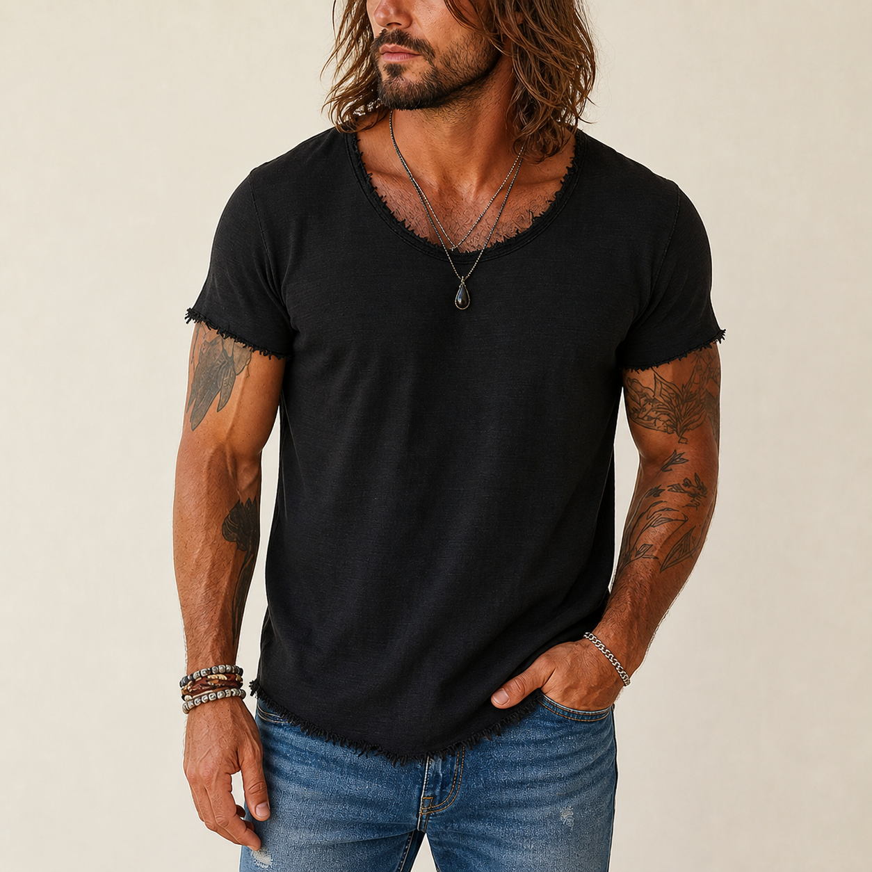 Black men's distressed raw-edge V-neck tee
