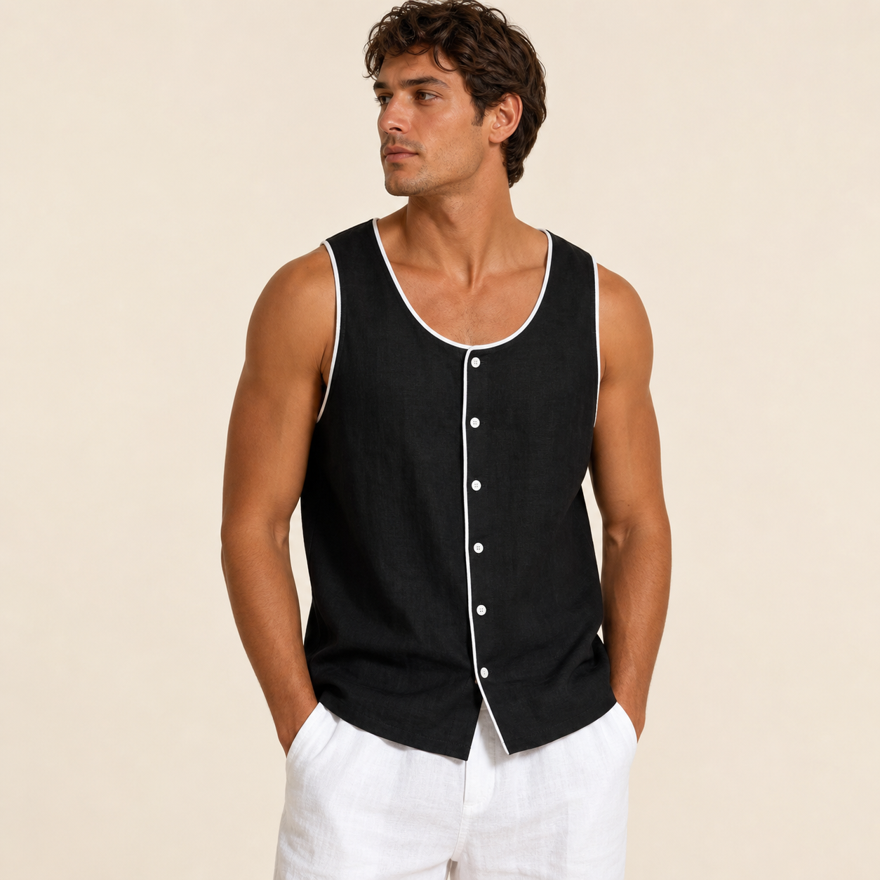 Black men's sleeveless button tank top