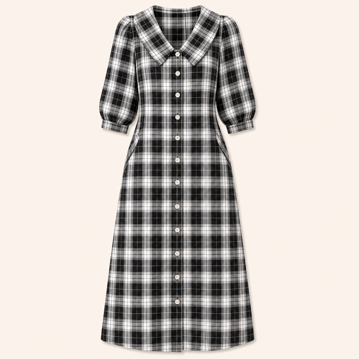 Black Plaid women's plaid button-front midi dress