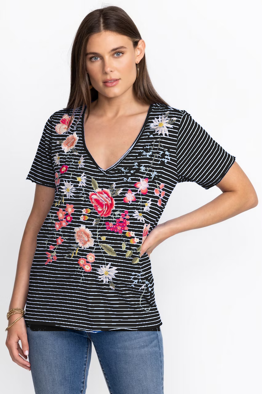 Black women's striped floral V-neck top model
