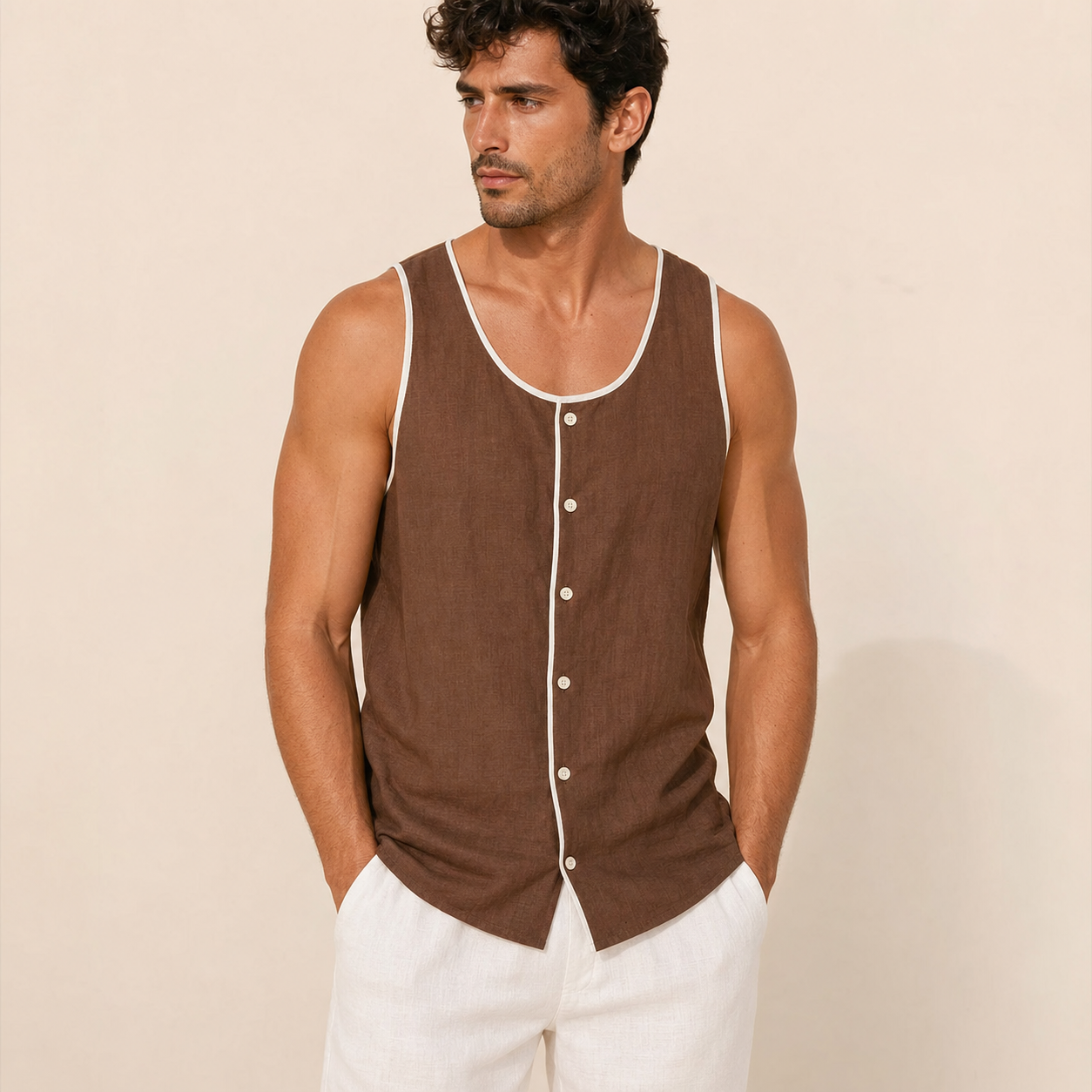 Brown men's sleeveless button tank top