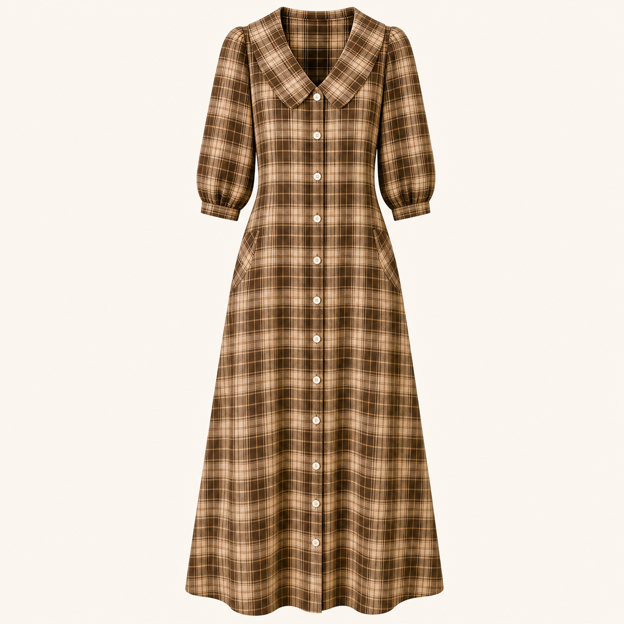 Brown Plaid women's plaid button-front midi dress