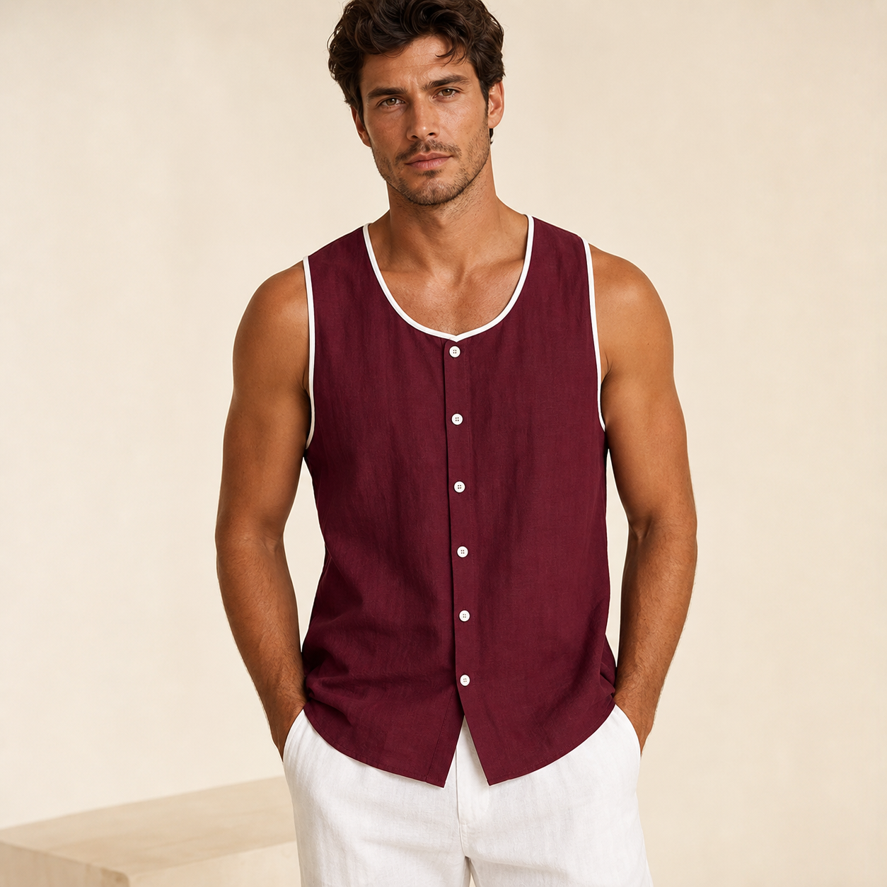 Burgundy men's sleeveless button tank top